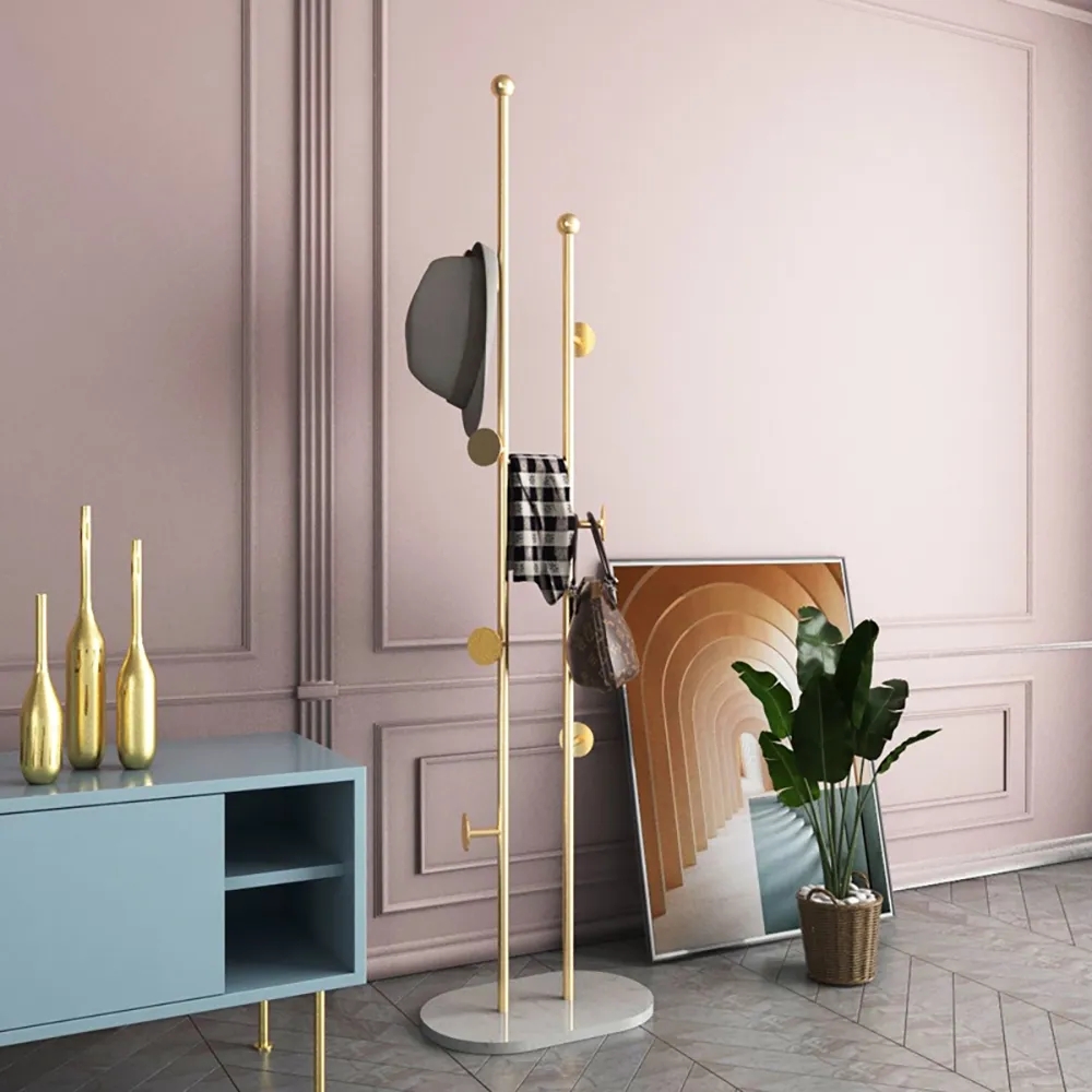 HMR - Modern Chic Metal Freestanding Coat Rack with Rail Marble Base 66" in Gold