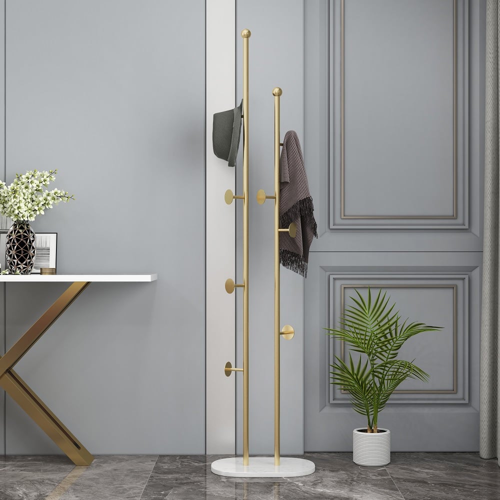 HMR - Modern Chic Metal Freestanding Coat Rack with Rail Marble Base 66" in Gold