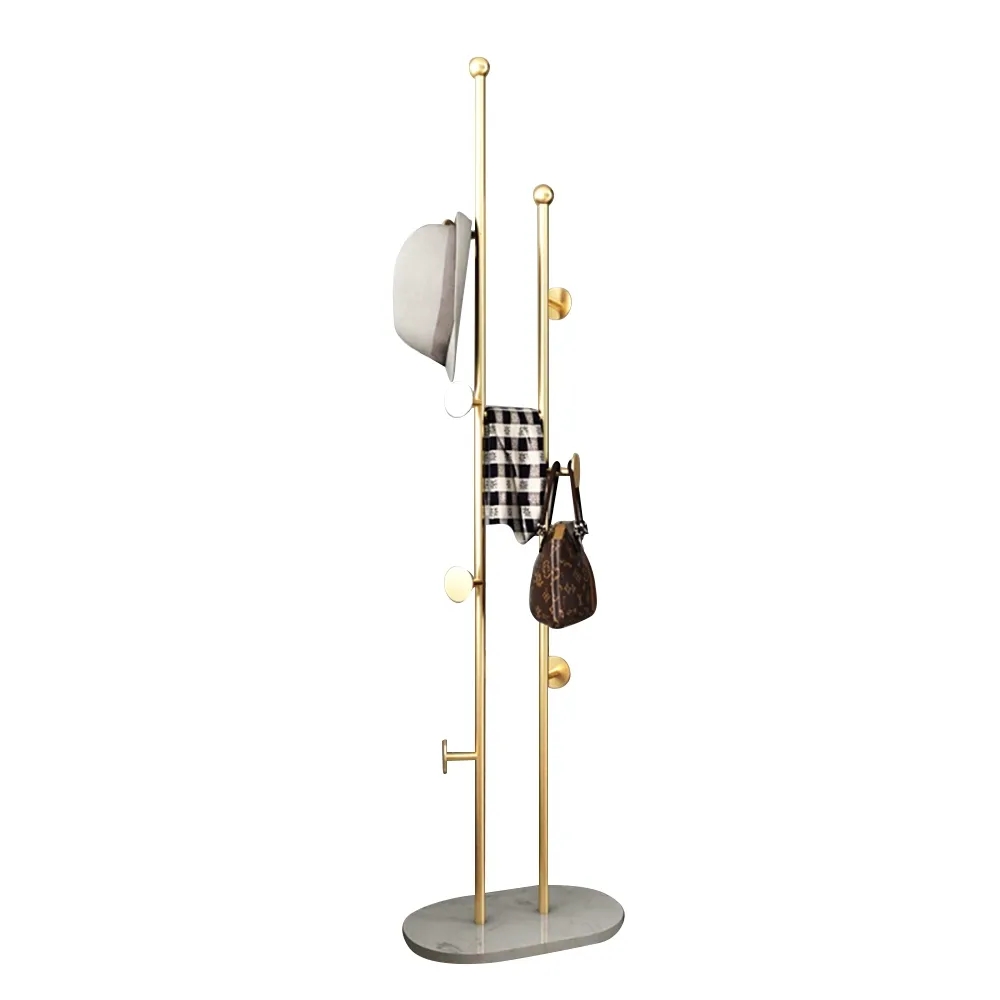 HMR - Modern Chic Metal Freestanding Coat Rack with Rail Marble Base 66" in Gold