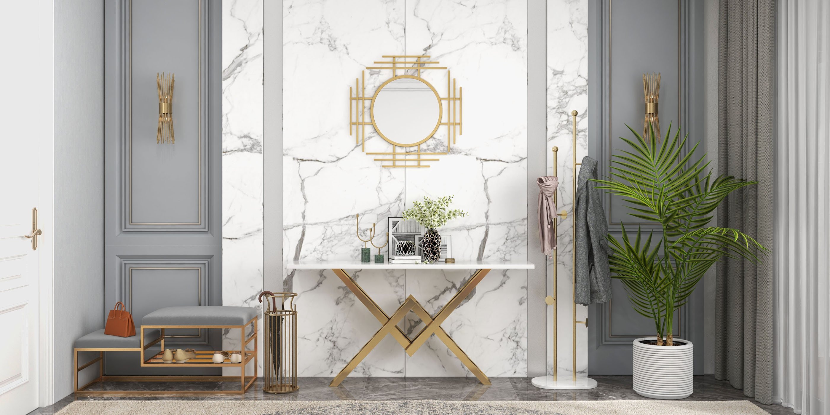 HMR - Modern Chic Metal Freestanding Coat Rack with Rail Marble Base 66" in Gold