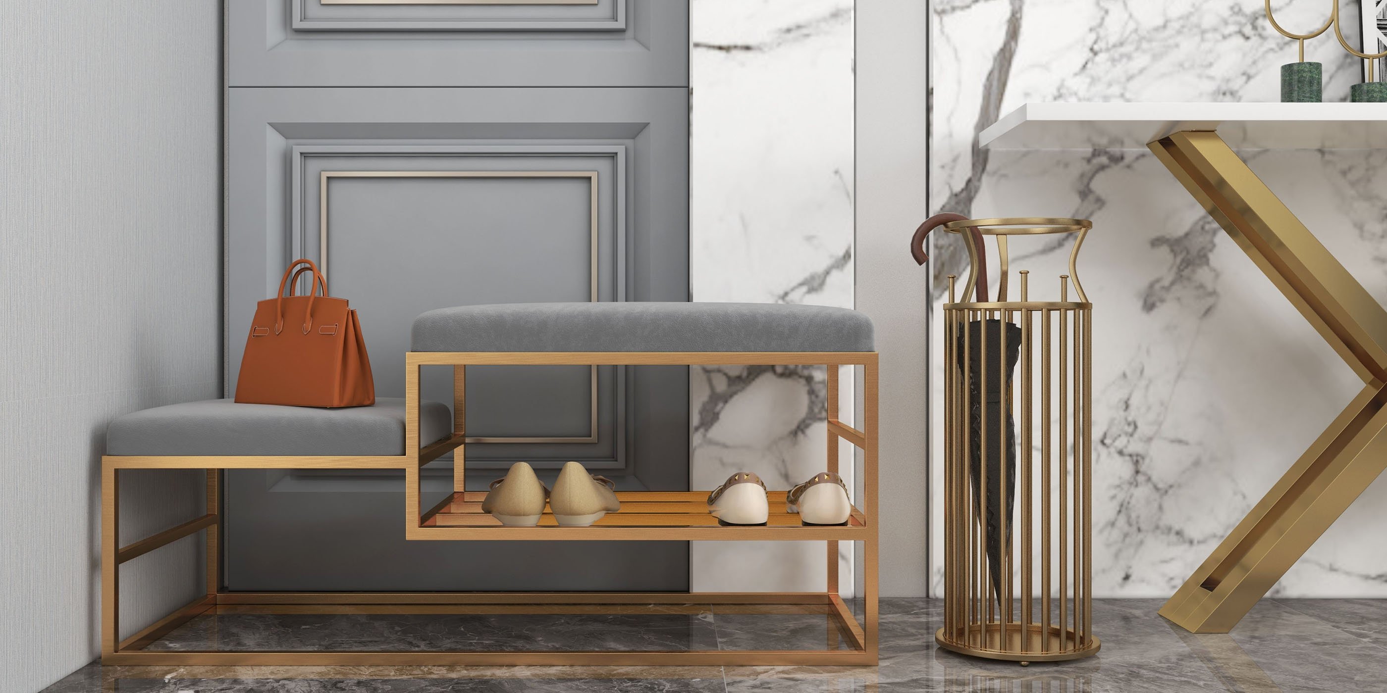 HMR - Chic Marble-Pillar-Style Umbrella Stand in Metal