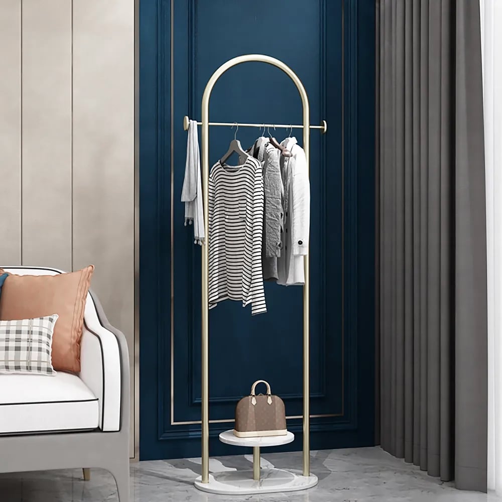 HMR - Small Metal Garment Rack with Shelves and Faux Marble Base in Gold