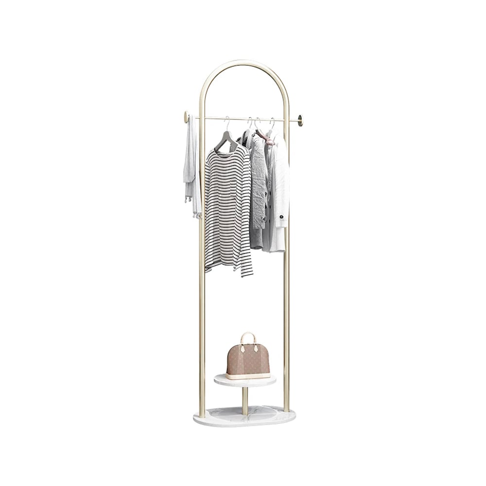 HMR - Small Metal Garment Rack with Shelves and Faux Marble Base in Gold