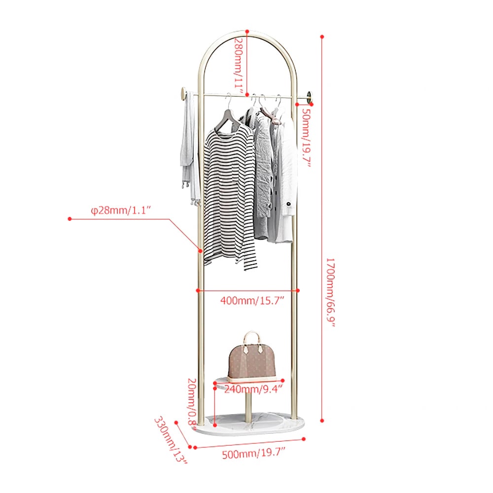 HMR - Small Metal Garment Rack with Shelves and Faux Marble Base in Gold