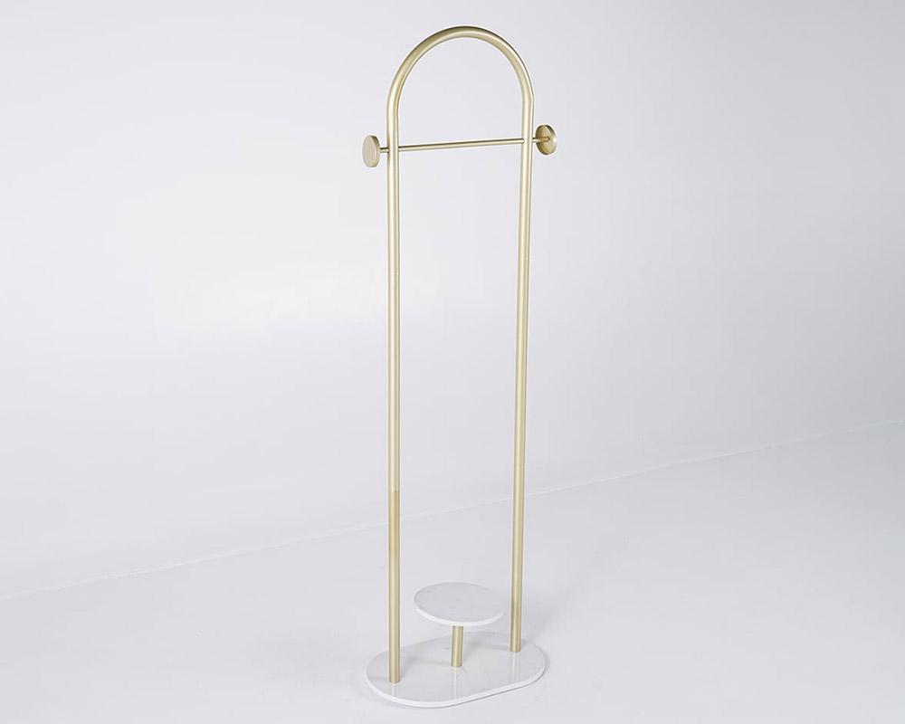 HMR - Small Metal Garment Rack with Shelves and Faux Marble Base in Gold