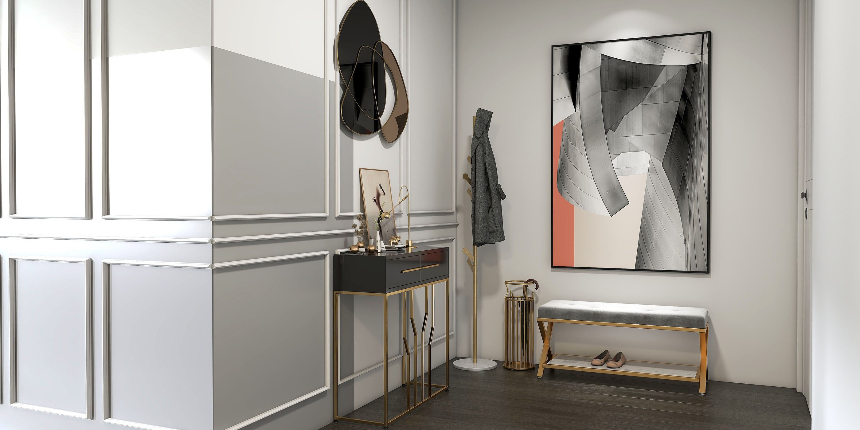 HMR - Marble Bedroom Clothing Rack with Hooks in Gold