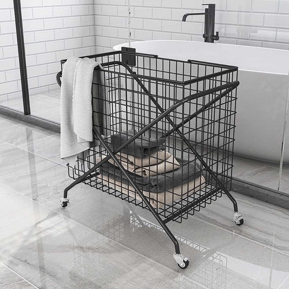 HMR - Collapsible Metal Laundry Hamper on Wheels in Black