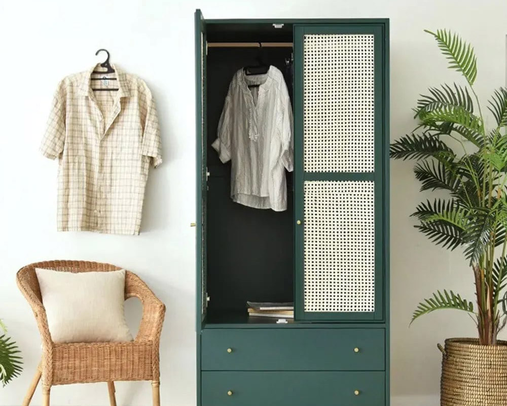 HMR - Wardrobe Rattan Armoire with 2 Drawers 2 Doors in Green