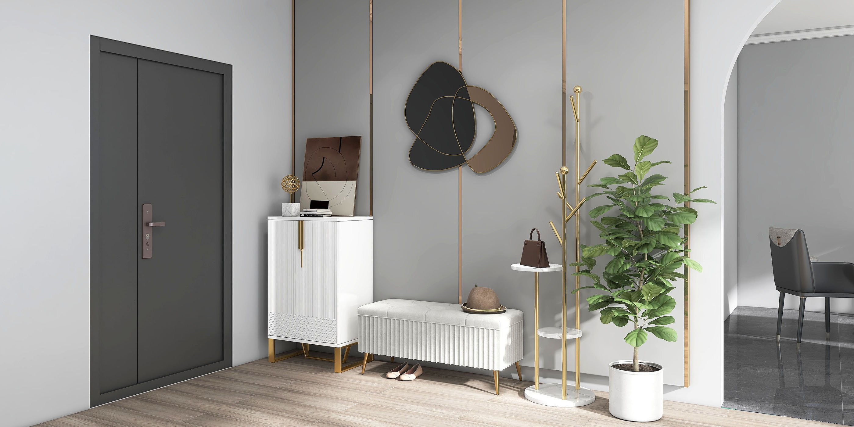 HMR - Modern Entryway Standing Coat Rack with 9 Hooks and 2 Shelves in Gold