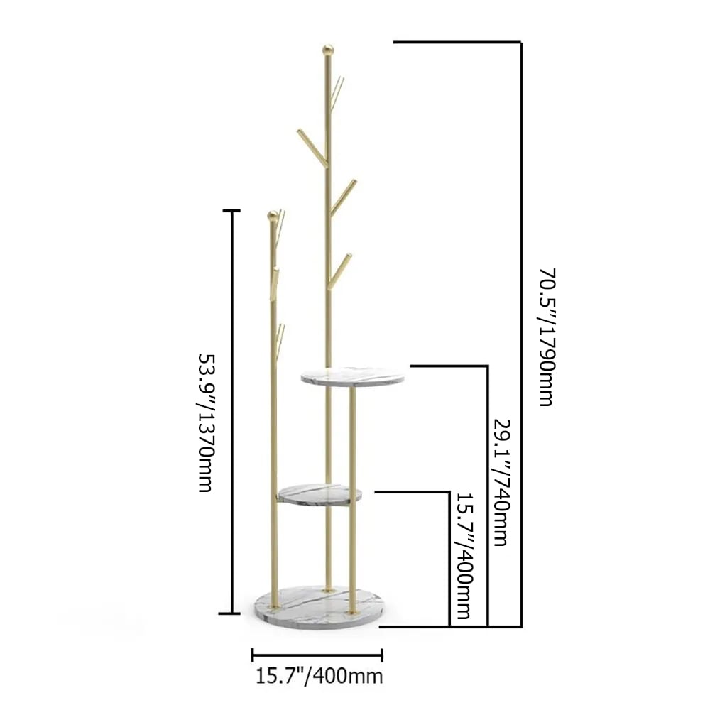 HMR - Modern Entryway Standing Coat Rack with 9 Hooks and 2 Shelves in Gold