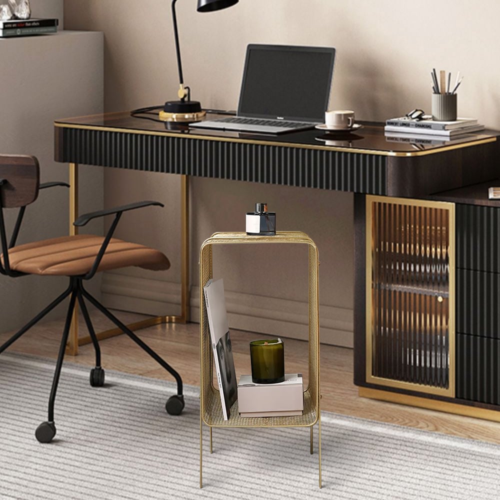 HMR Modern Rectangular Magazine Rack with Open Storage - Gold