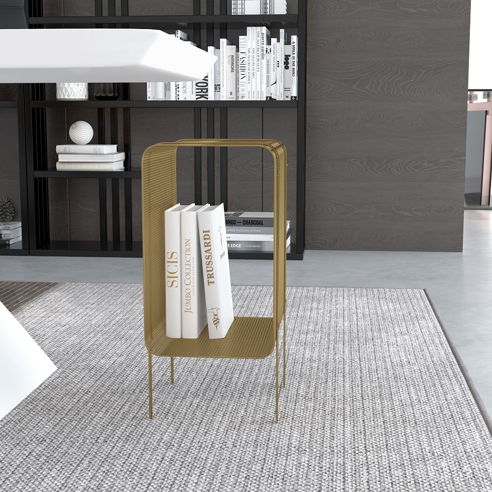 HMR Modern Rectangular Magazine Rack with Open Storage - Gold