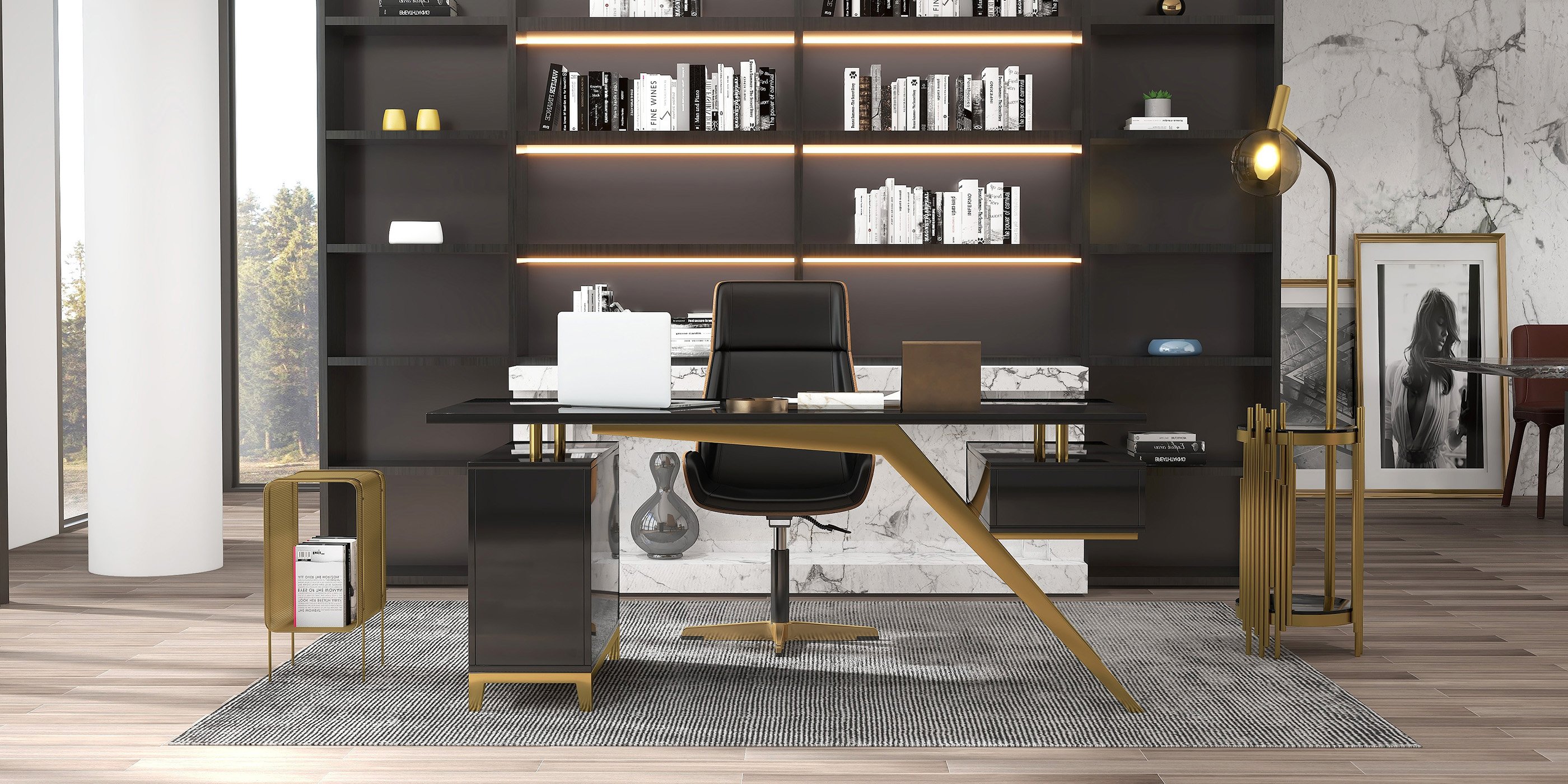 HMR Modern Rectangular Magazine Rack with Open Storage - Gold