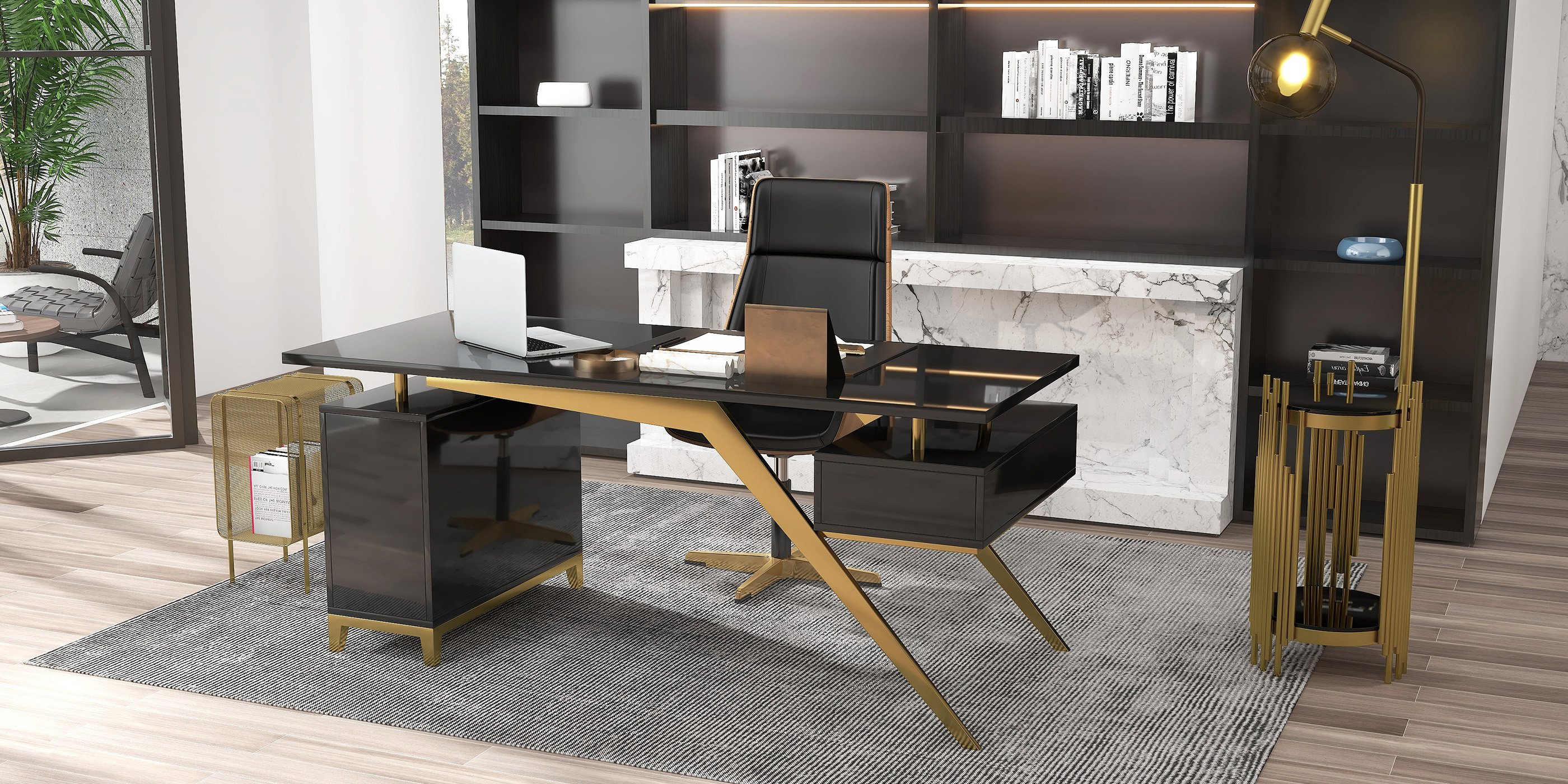 HMR Modern Rectangular Magazine Rack with Open Storage - Gold