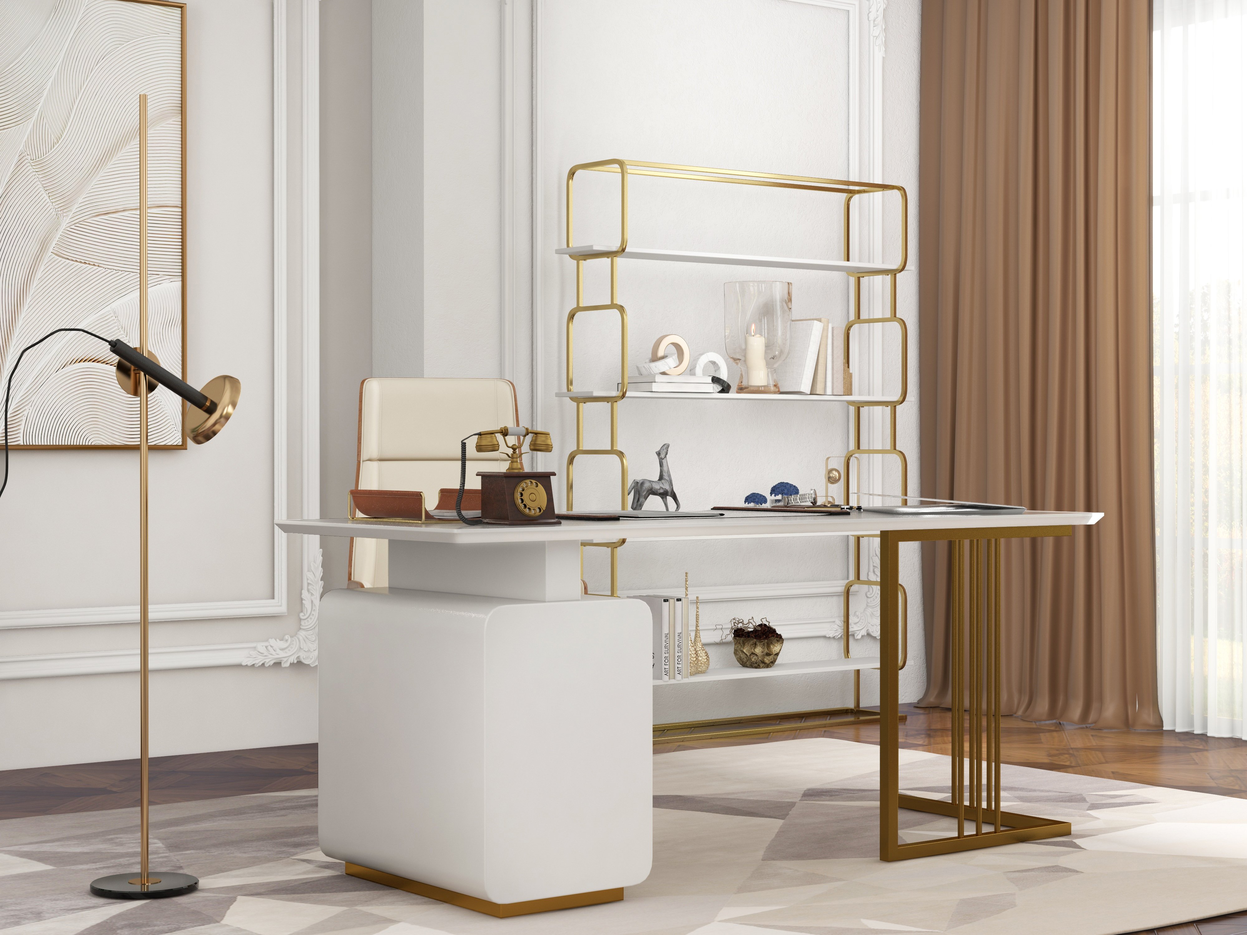 HMR Modern Freestanding 47" Etagere Bookcase - White/Gold