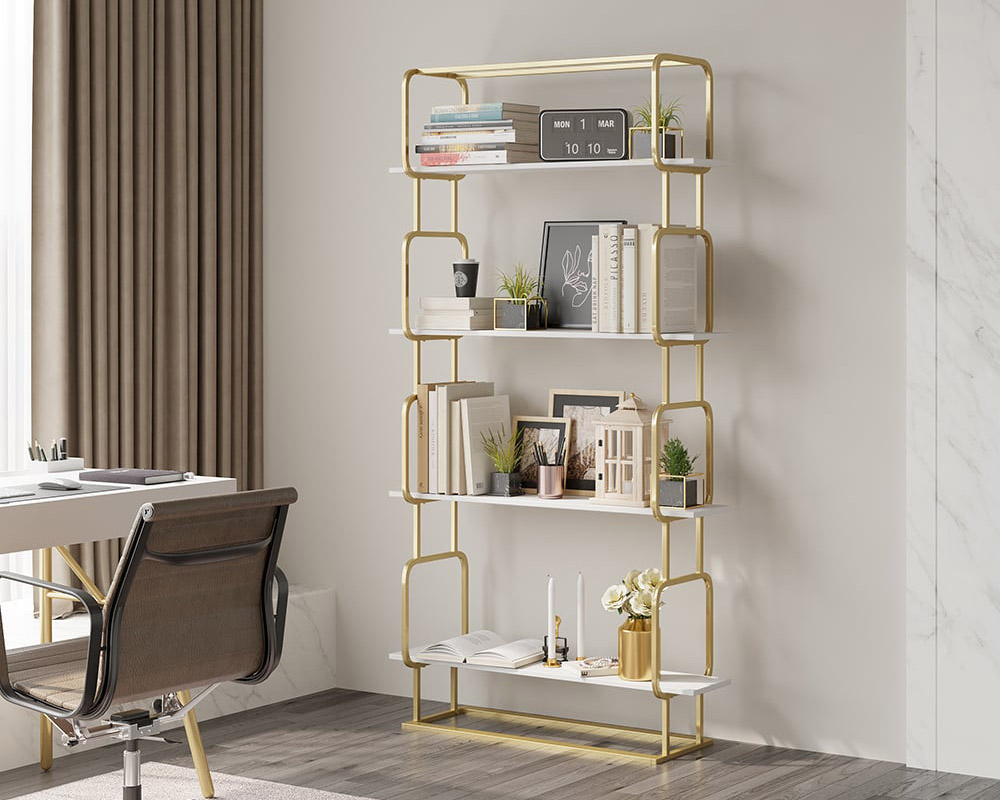 HMR Modern Freestanding 32" Etagere Bookshelf - White/Gold