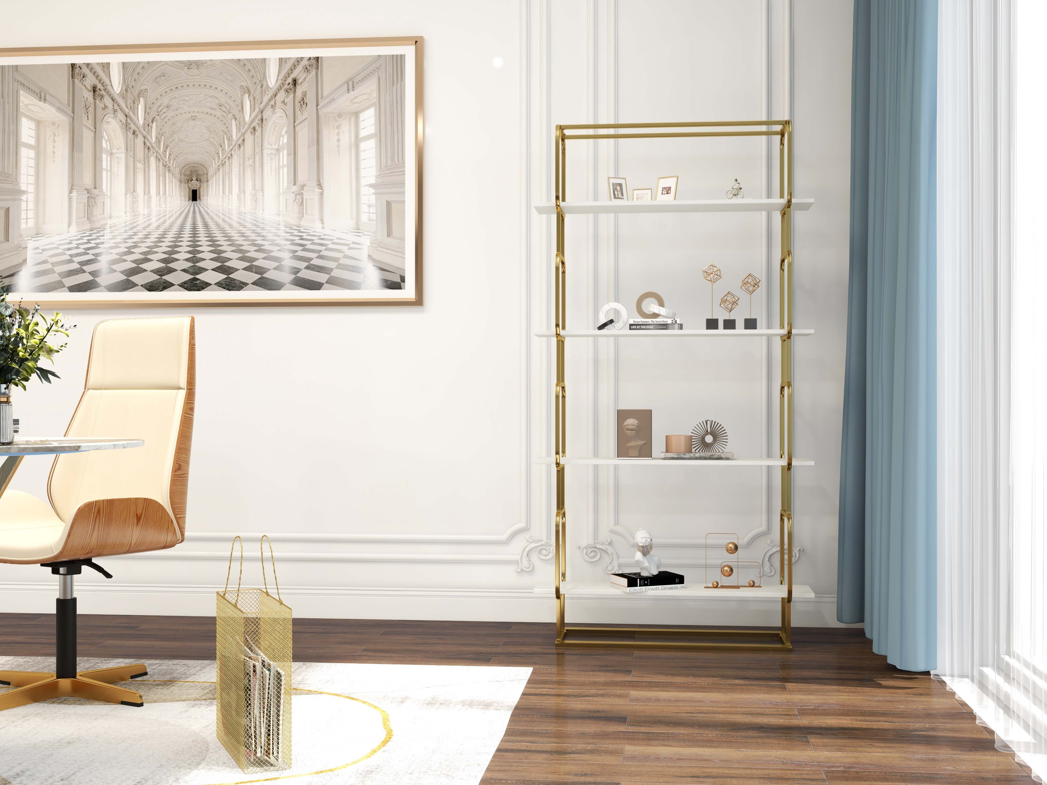 HMR Modern Freestanding 32" Etagere Bookshelf - White/Gold