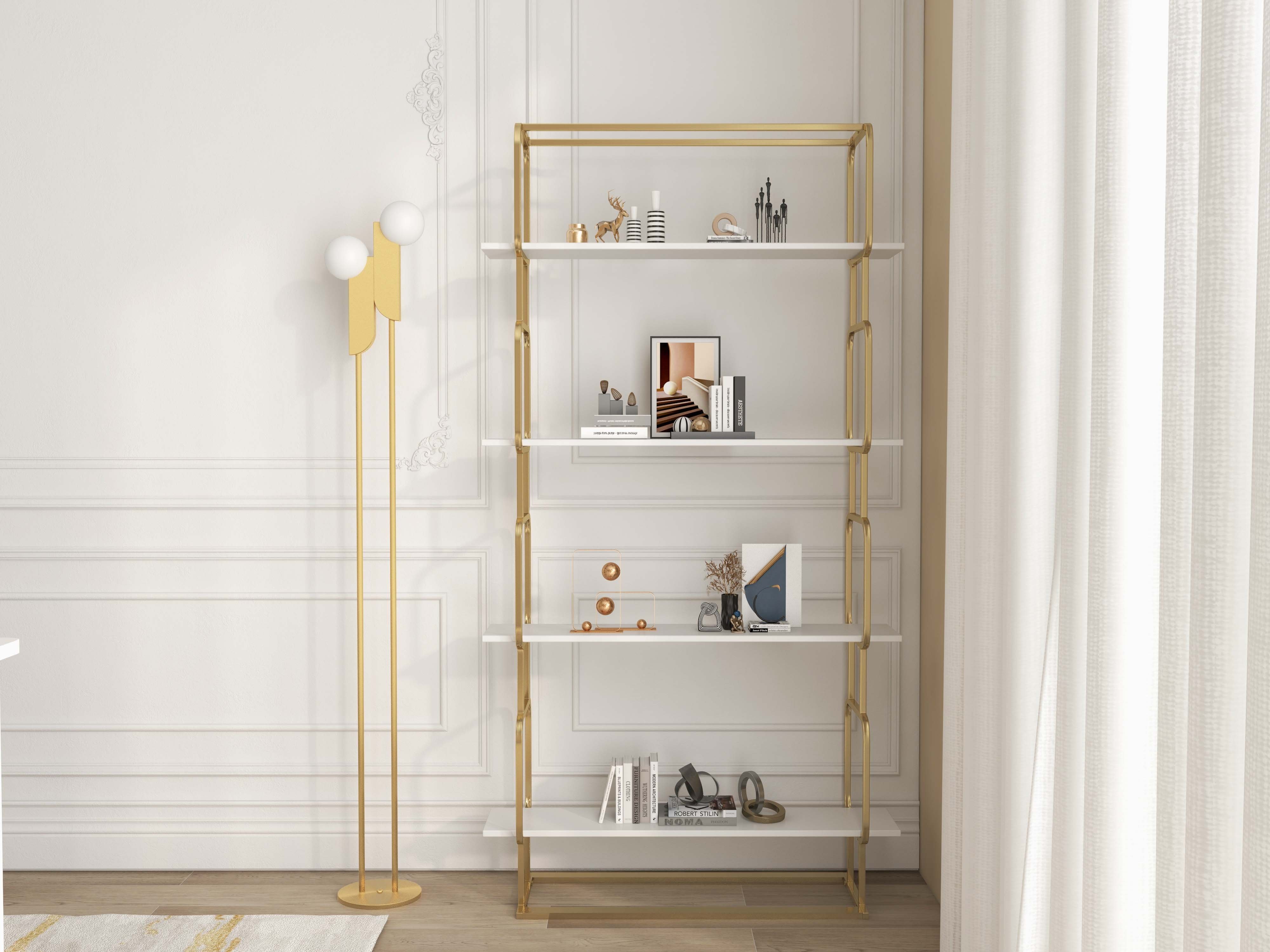 HMR Modern Freestanding 32" Etagere Bookshelf - White/Gold