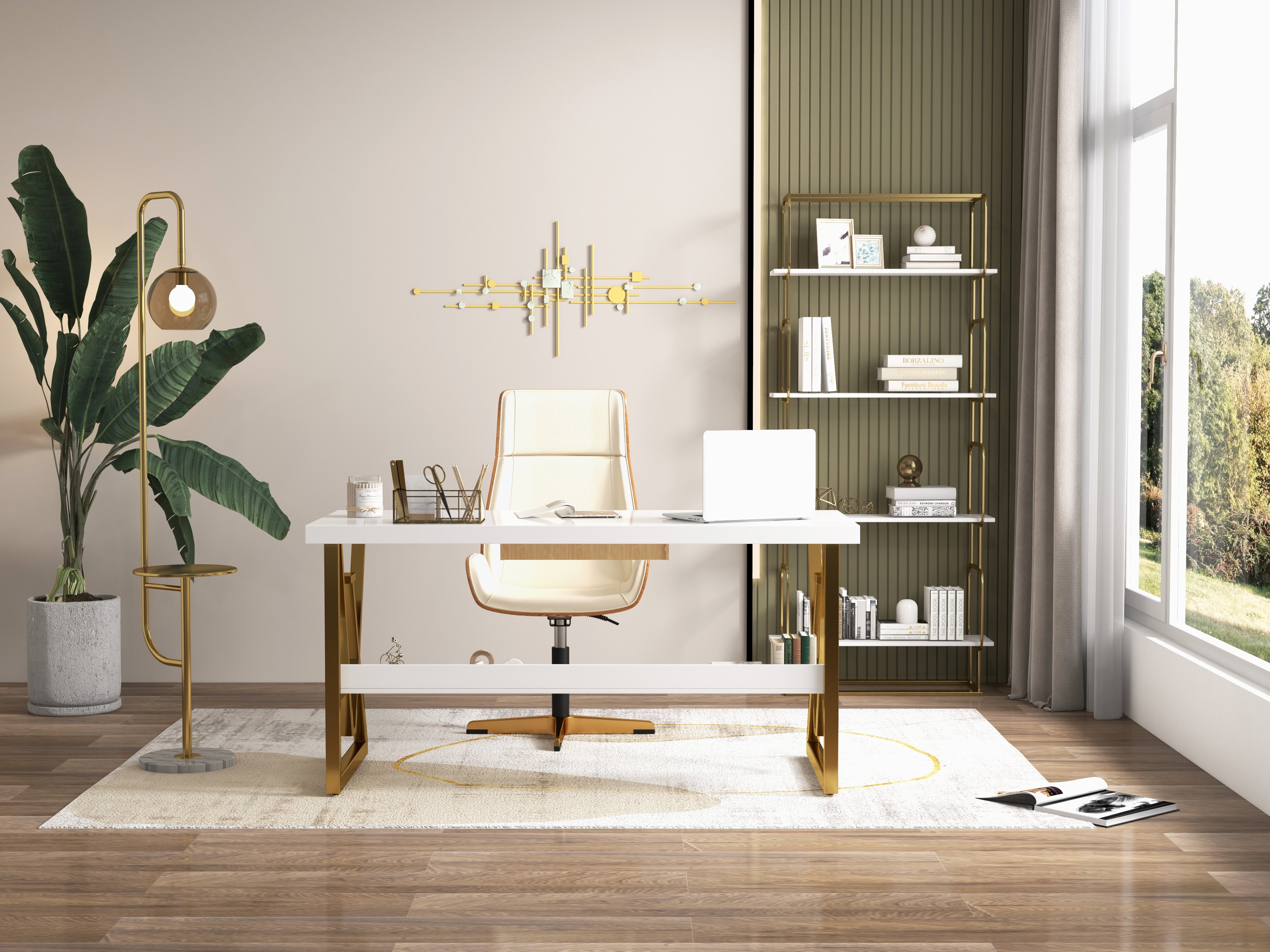 HMR Modern Freestanding 32" Etagere Bookshelf - White/Gold