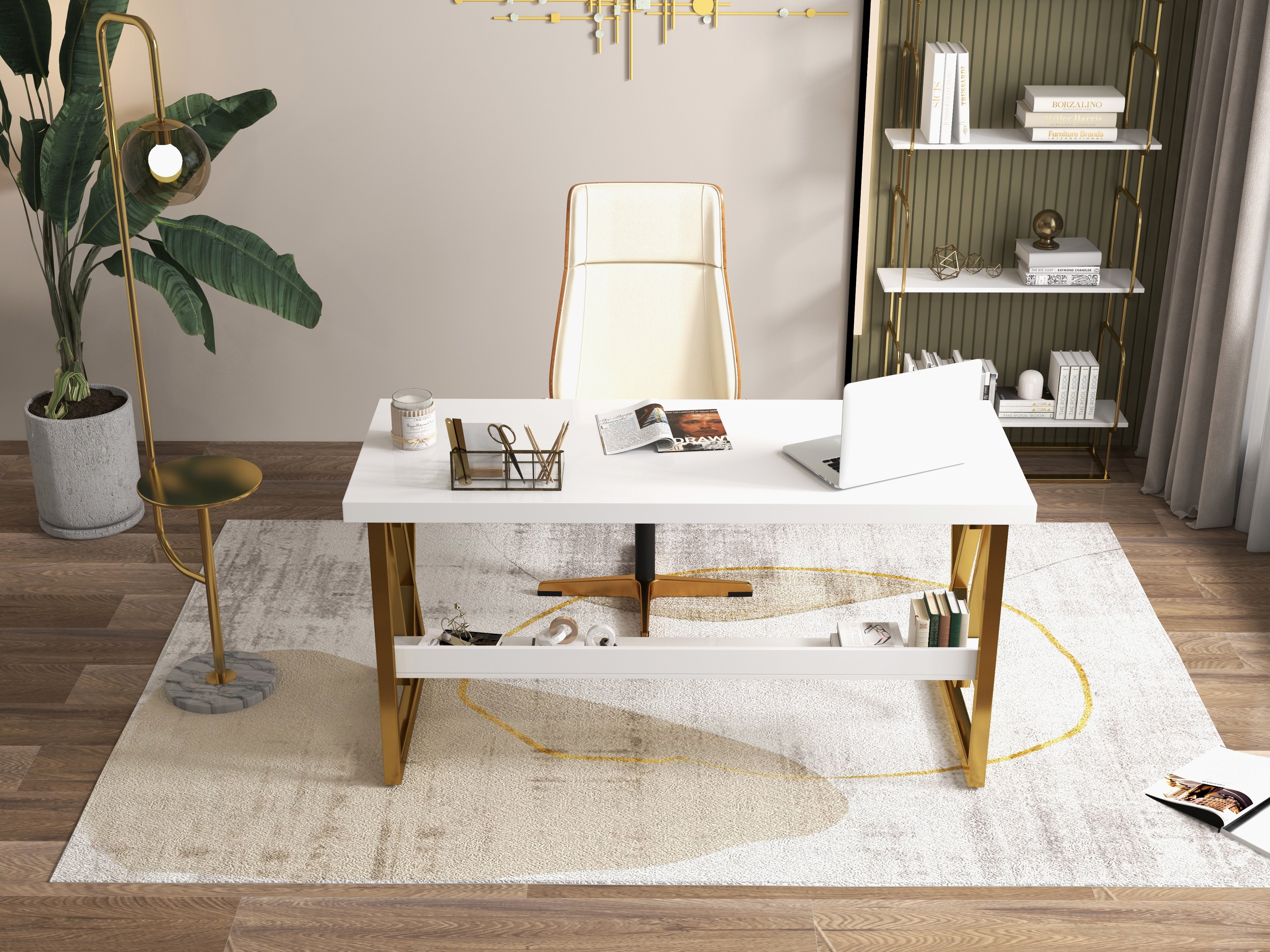 HMR Modern Freestanding 32" Etagere Bookshelf - White/Gold