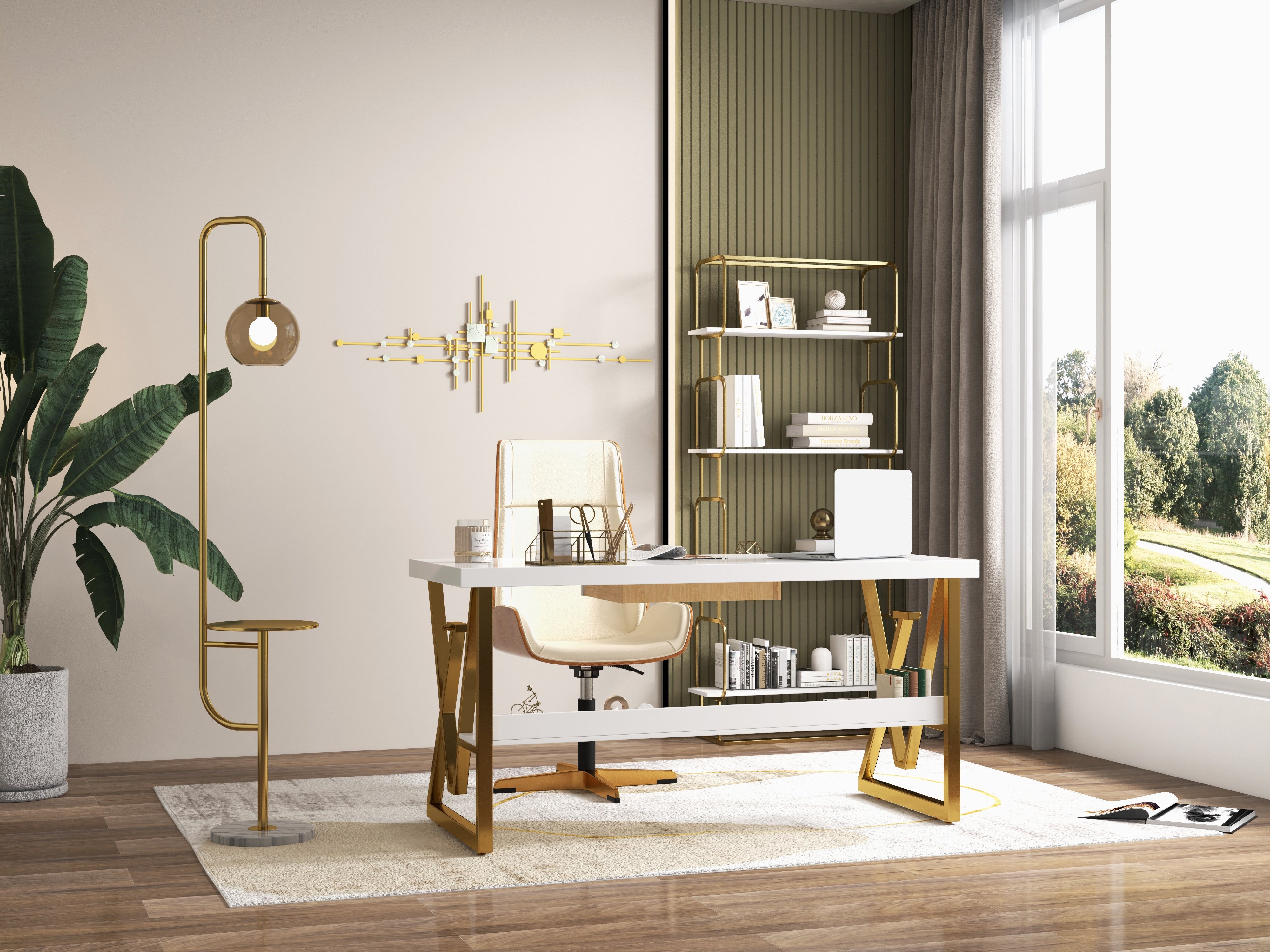 HMR Modern Freestanding 32" Etagere Bookshelf - White/Gold