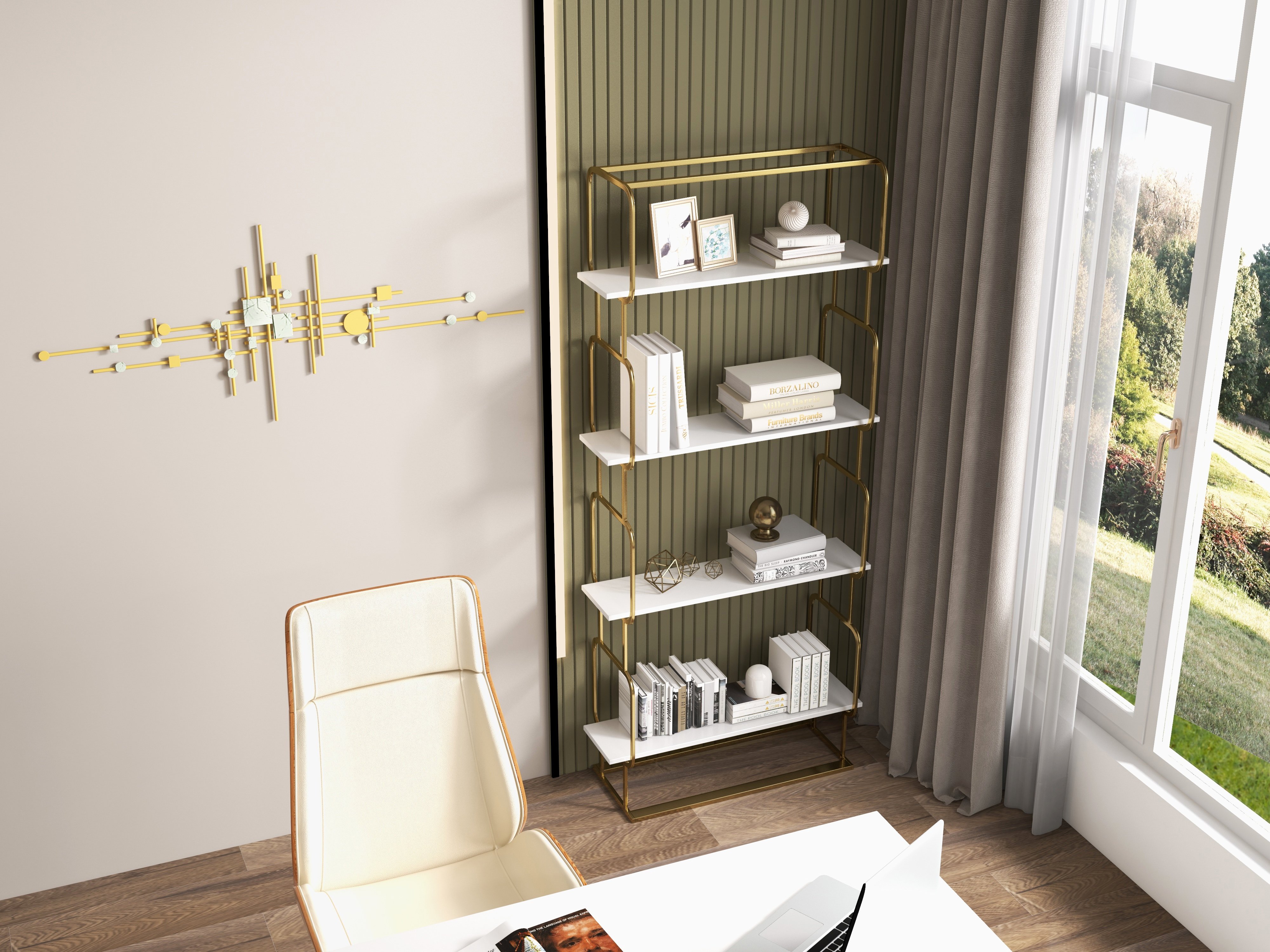 HMR Modern Freestanding 32" Etagere Bookshelf - White/Gold