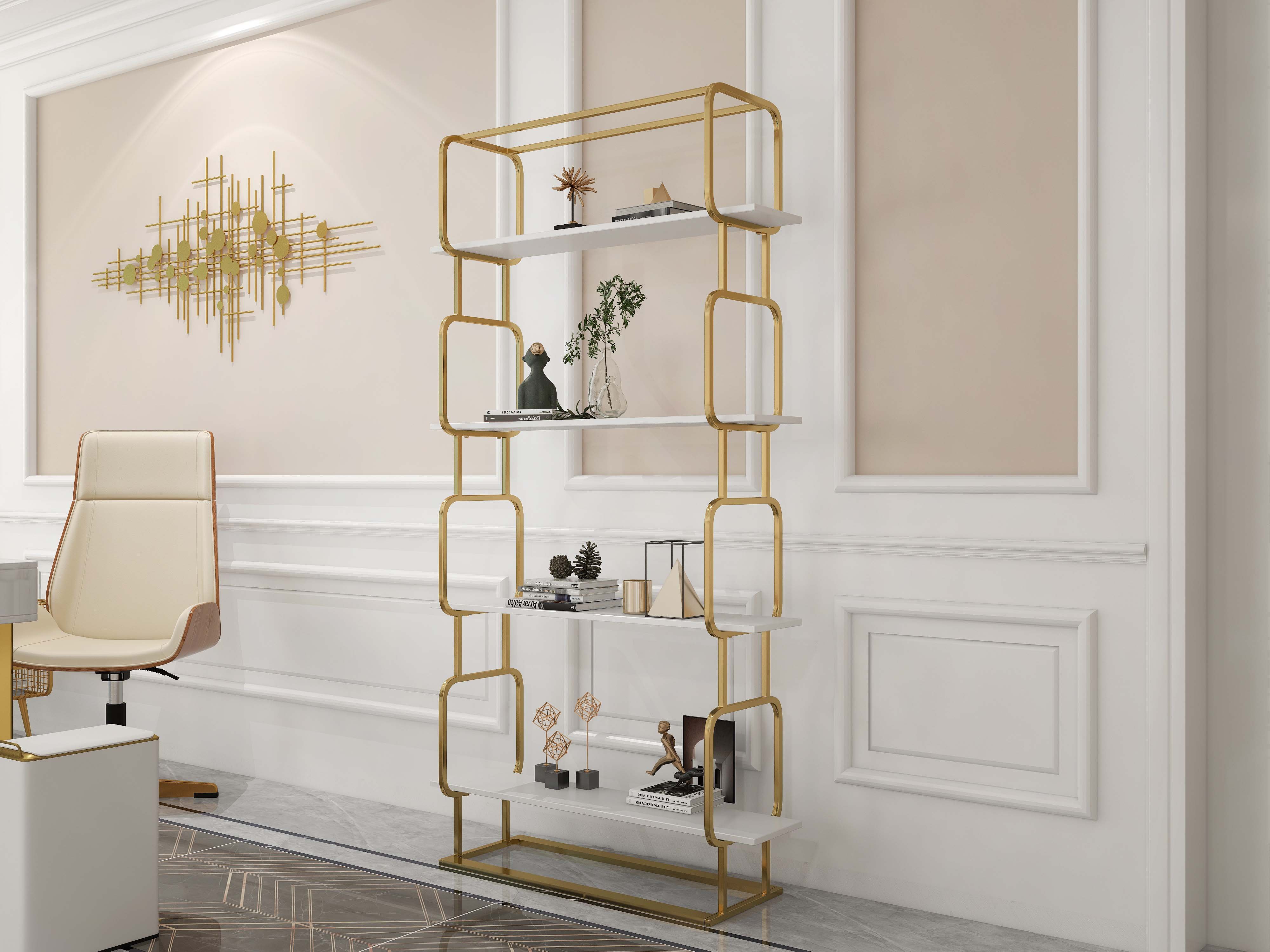 HMR Modern Freestanding 32" Etagere Bookshelf - White/Gold