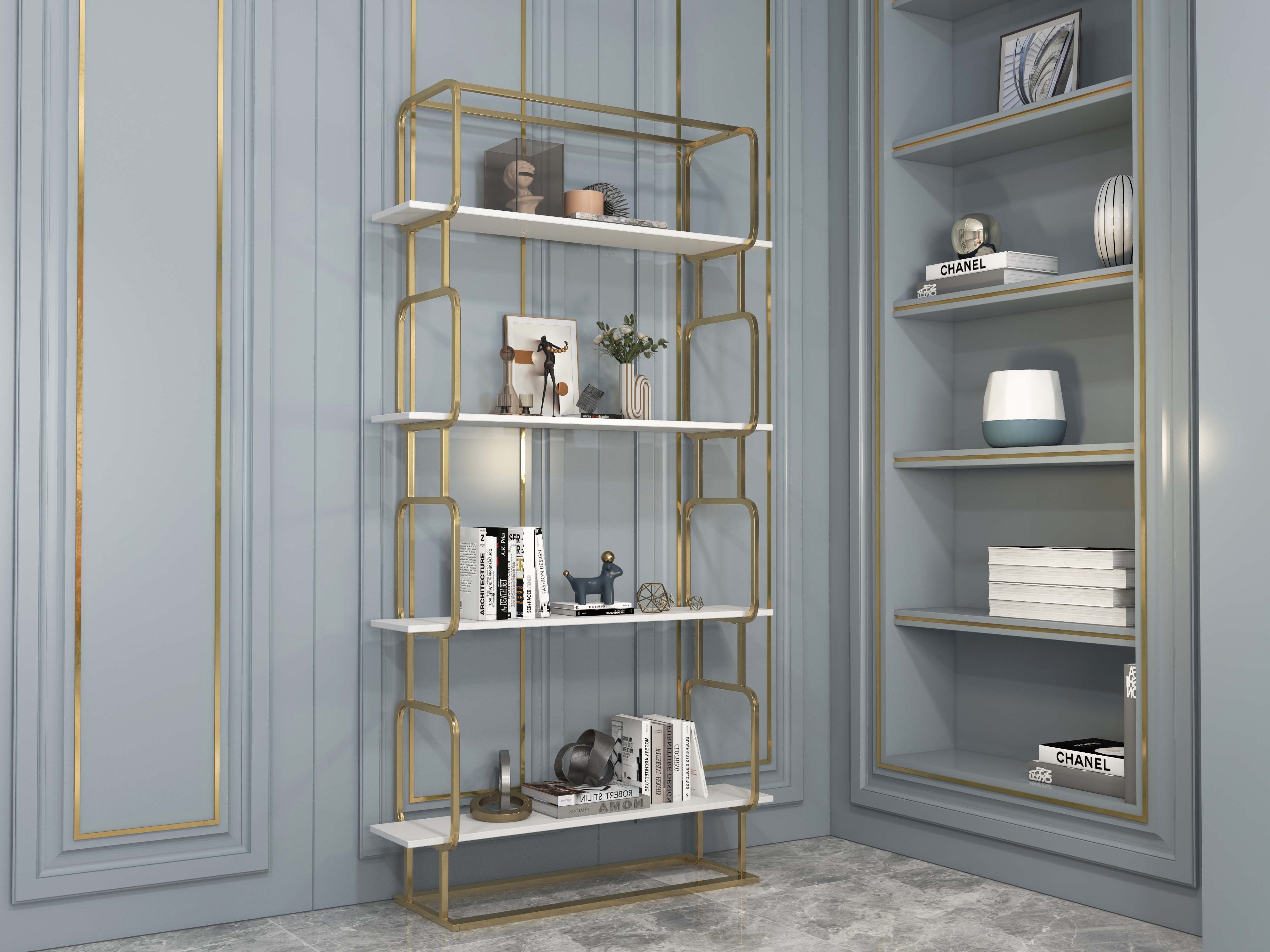 HMR Modern Freestanding 32" Etagere Bookshelf - White/Gold