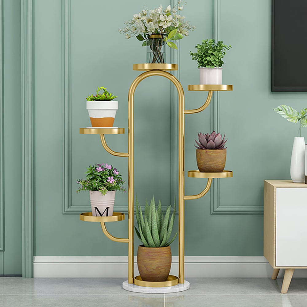 HMR - 25"/37" Modern Tree-Shaped 4/6-Tiered Plant Stand (Set of 2) in Gold