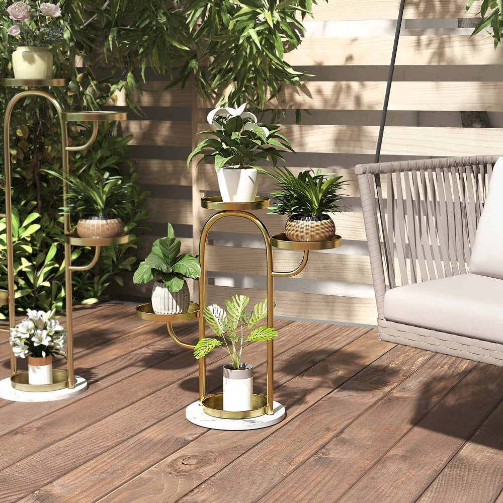HMR - 25"/37" Modern Tree-Shaped 4/6-Tiered Plant Stand (Set of 2) in Gold