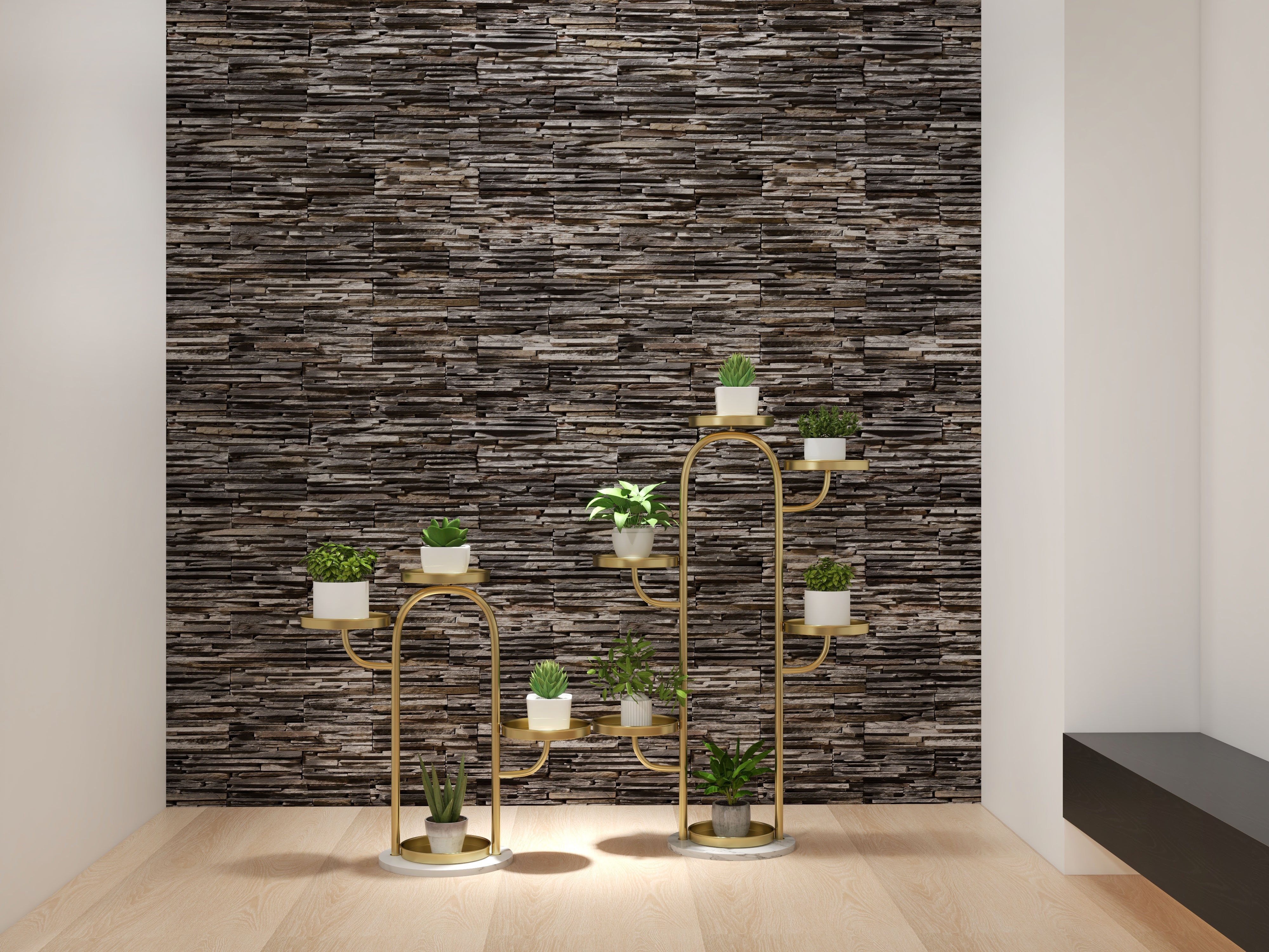 HMR - 25"/37" Modern Tree-Shaped 4/6-Tiered Plant Stand (Set of 2) in Gold