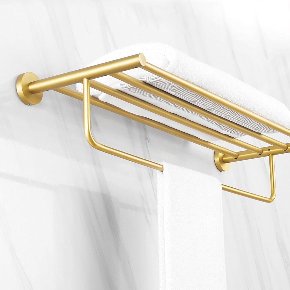 HMR - 24" Wall-Mounted Brass Bathroom Shelf with Towel Rack in Brushed Gold