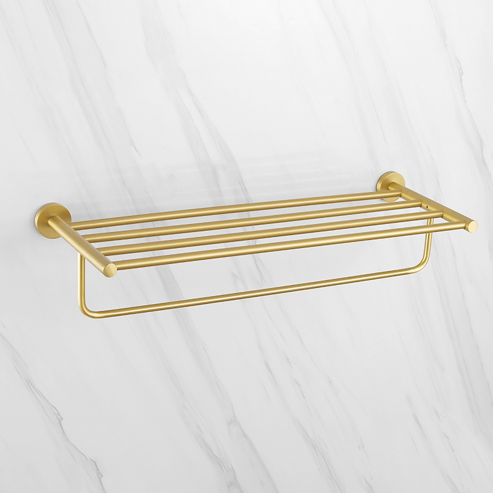 HMR - 24" Wall-Mounted Brass Bathroom Shelf with Towel Rack in Brushed Gold