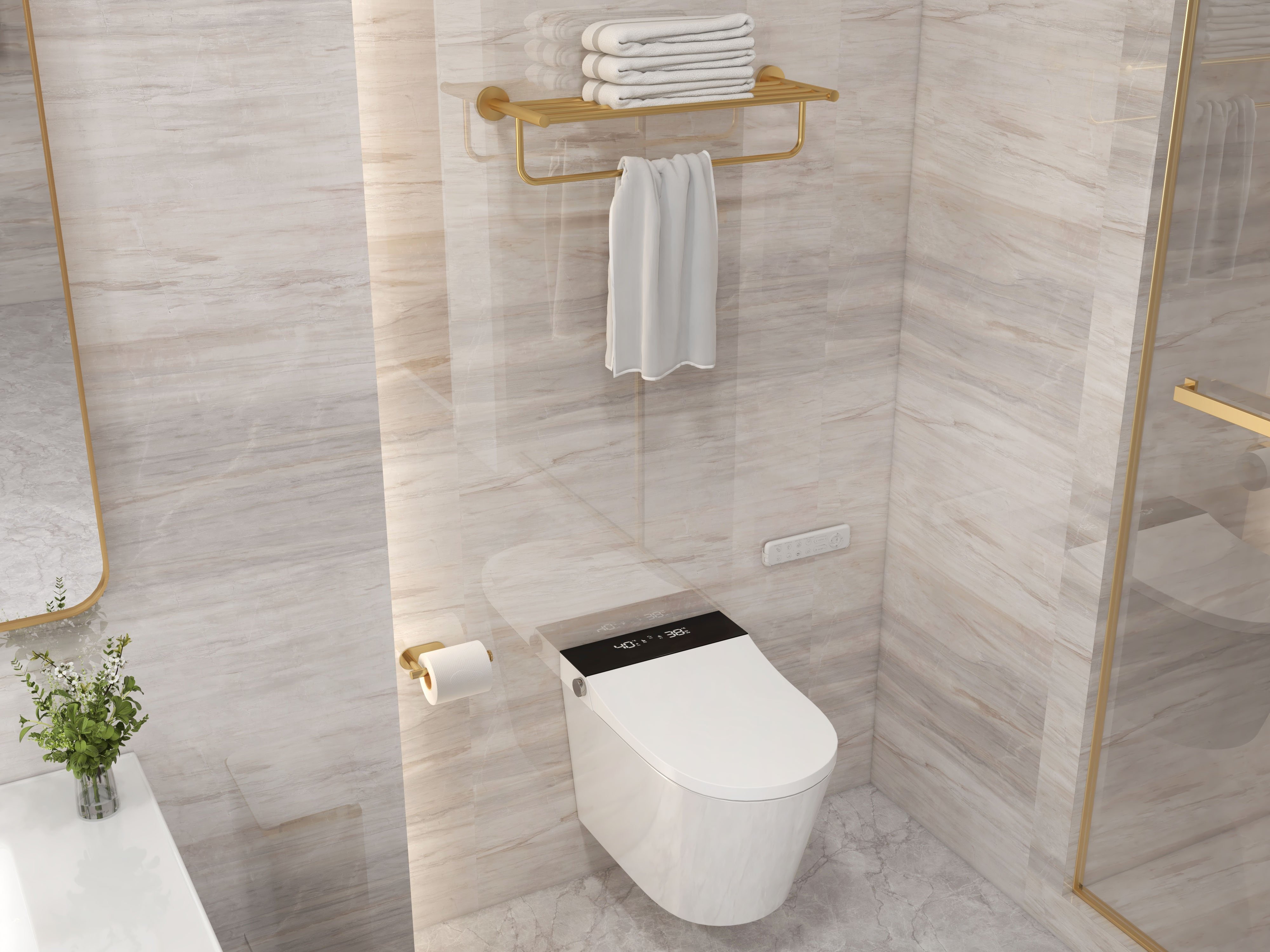 HMR - 24" Wall-Mounted Brass Bathroom Shelf with Towel Rack in Brushed Gold