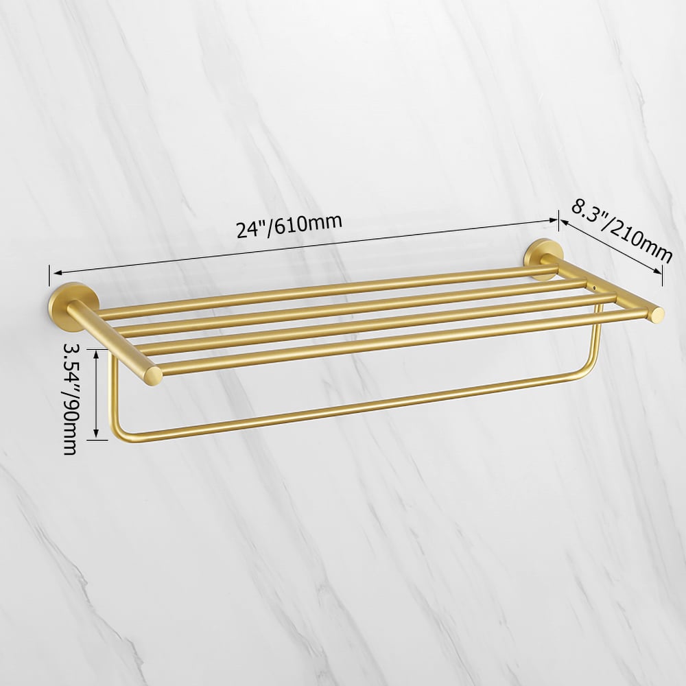 HMR - 24" Wall-Mounted Brass Bathroom Shelf with Towel Rack in Brushed Gold