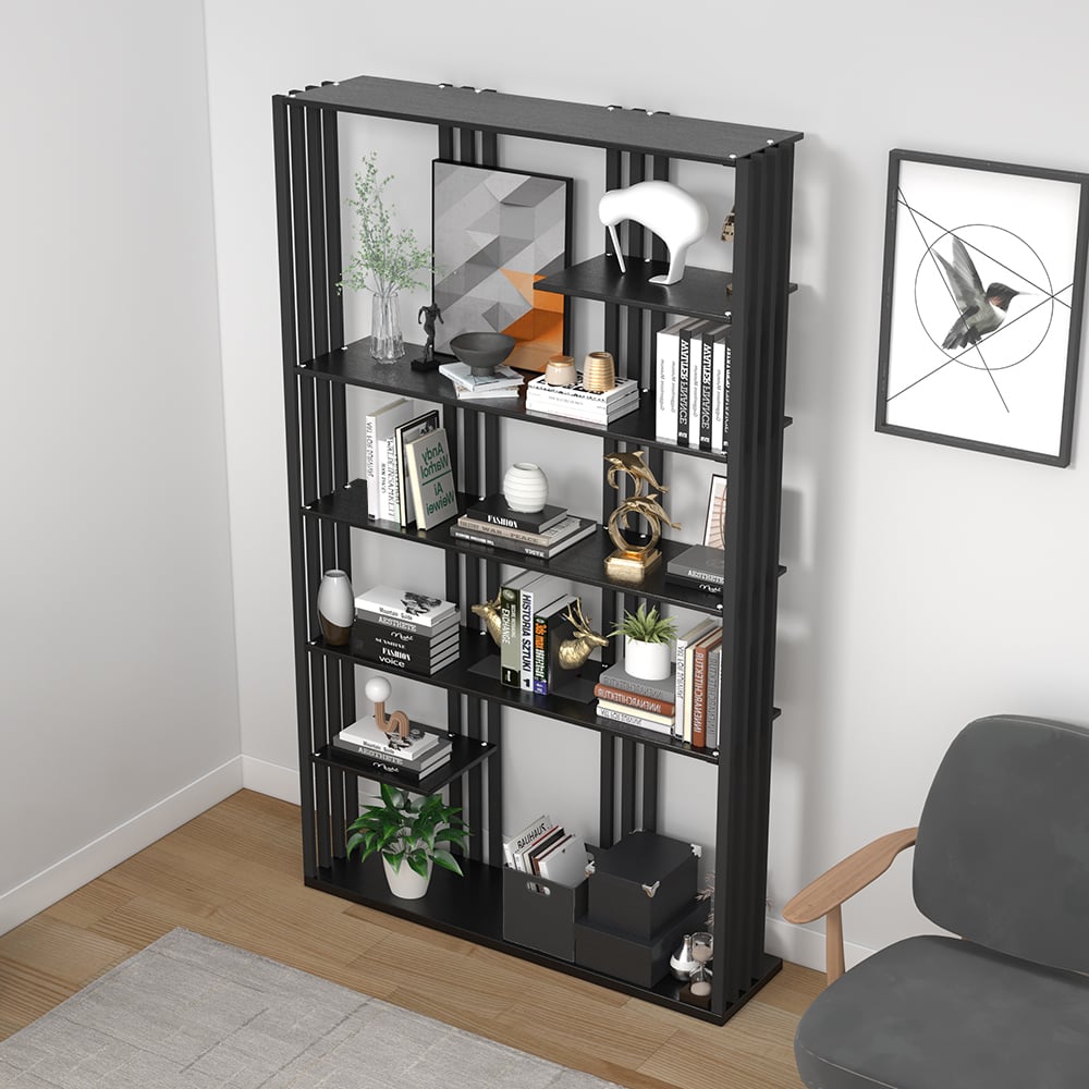 HMR Modern Etagere Bookshelf with 6-Shelf - Black