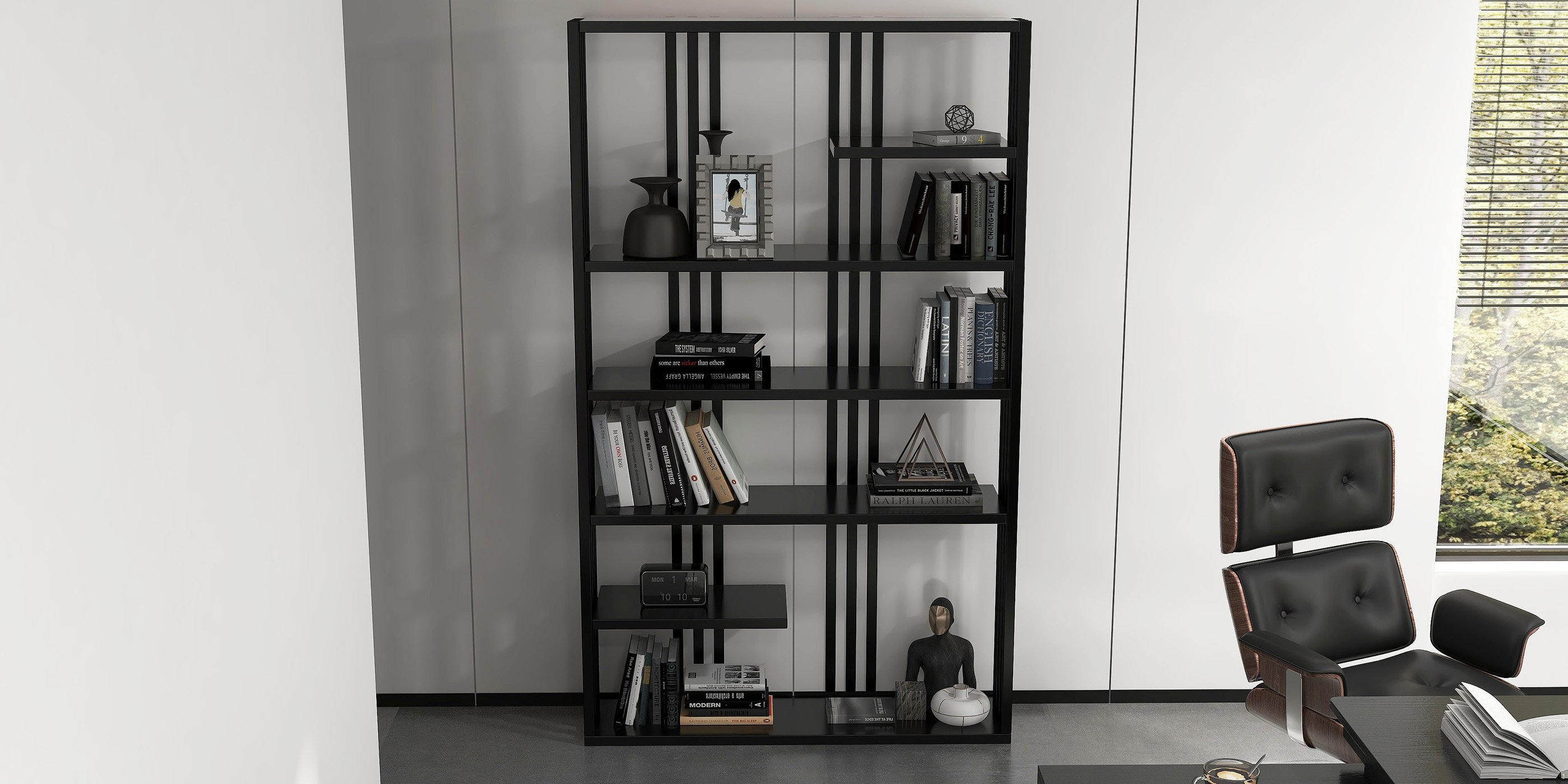 HMR Modern Etagere Bookshelf with 6-Shelf - Black