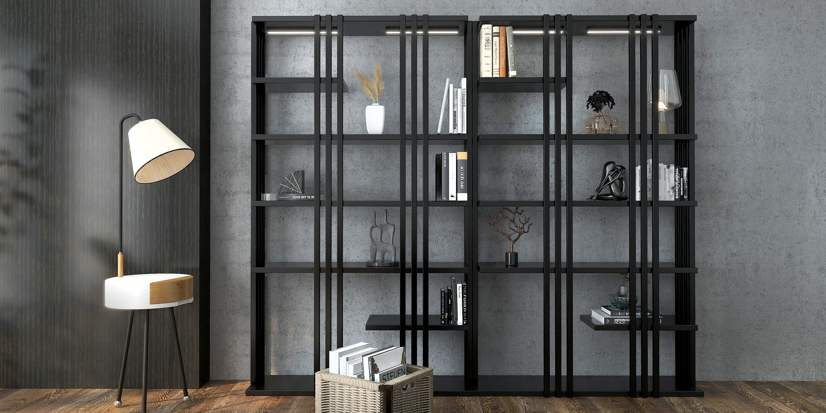 HMR Modern Etagere Bookshelf with 6-Shelf - Black