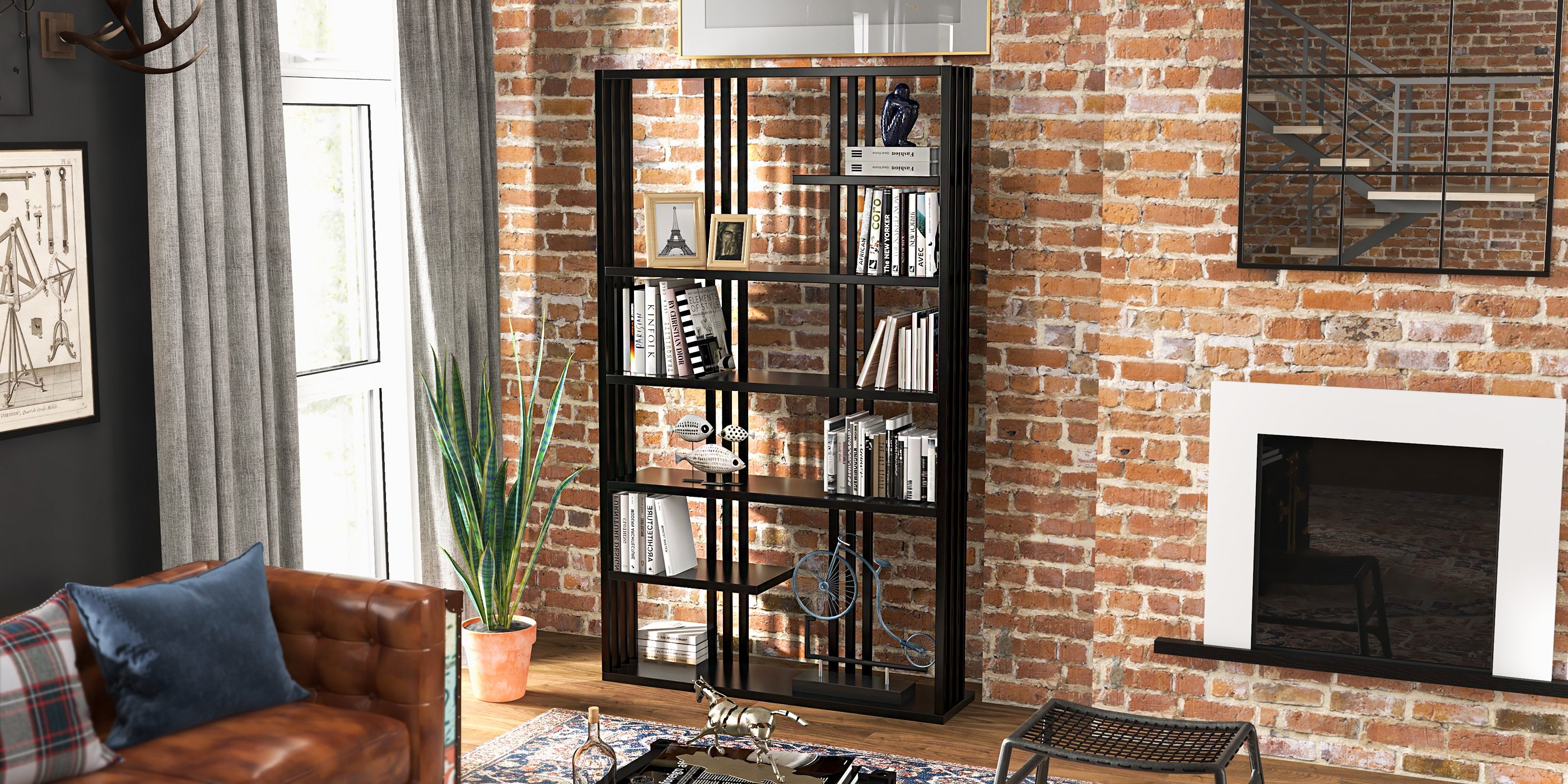 HMR Modern Etagere Bookshelf with 6-Shelf - Black