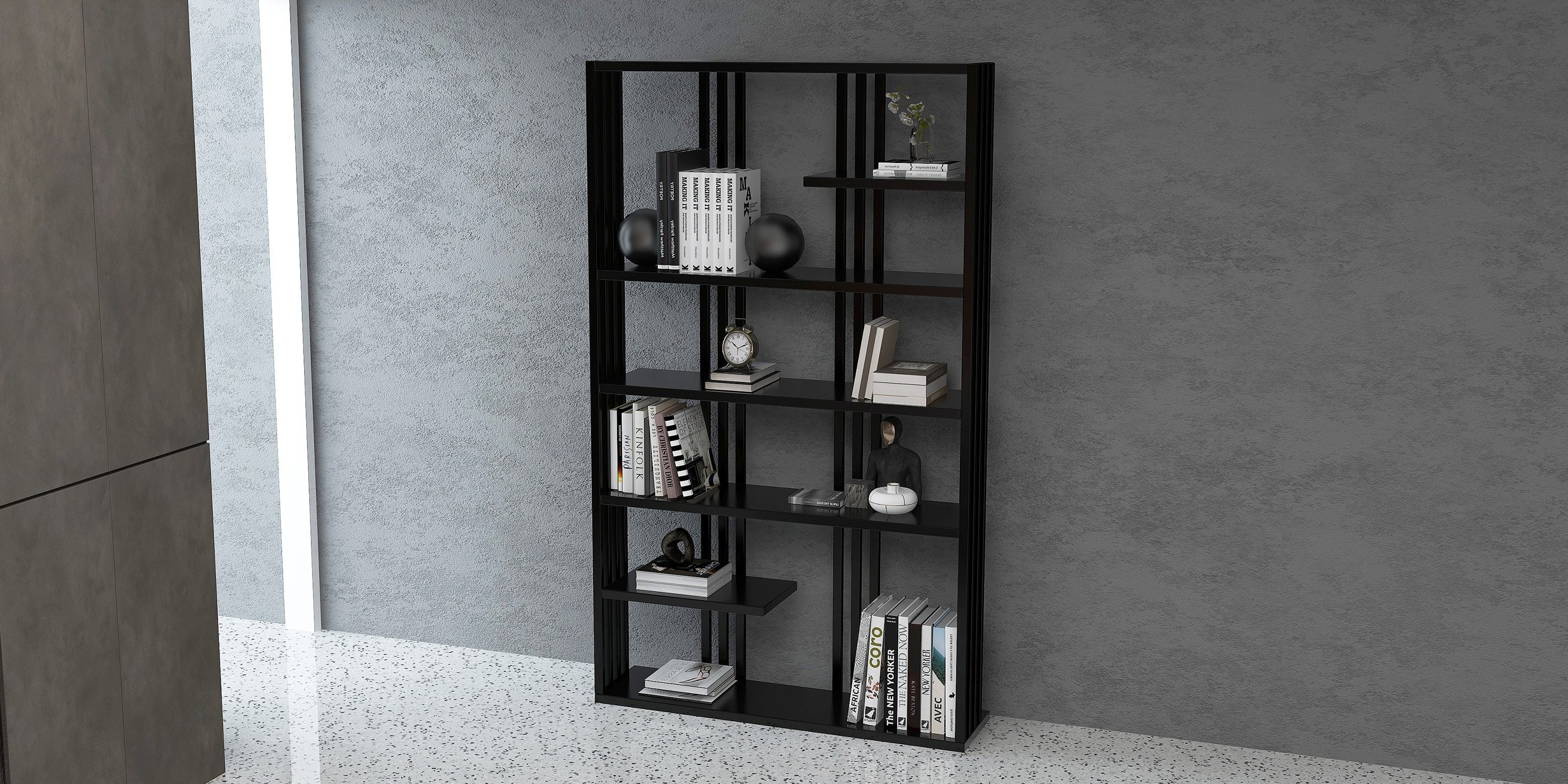 HMR Modern Etagere Bookshelf with 6-Shelf - Black