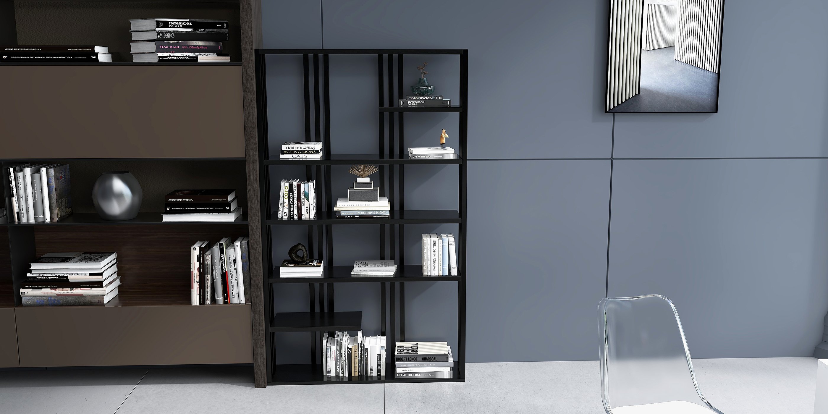 HMR Modern Etagere Bookshelf with 6-Shelf - Black