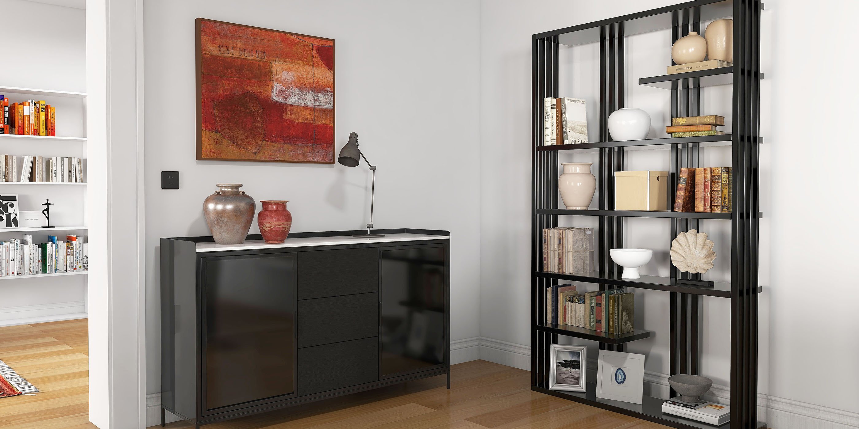HMR Modern Etagere Bookshelf with 6-Shelf - Black