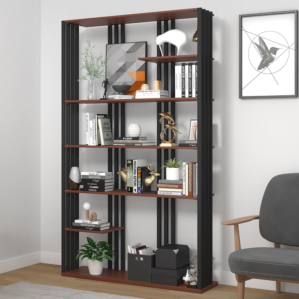 HMR Modern Etagere Bookshelf with 6-Shelf - Black/Walnut