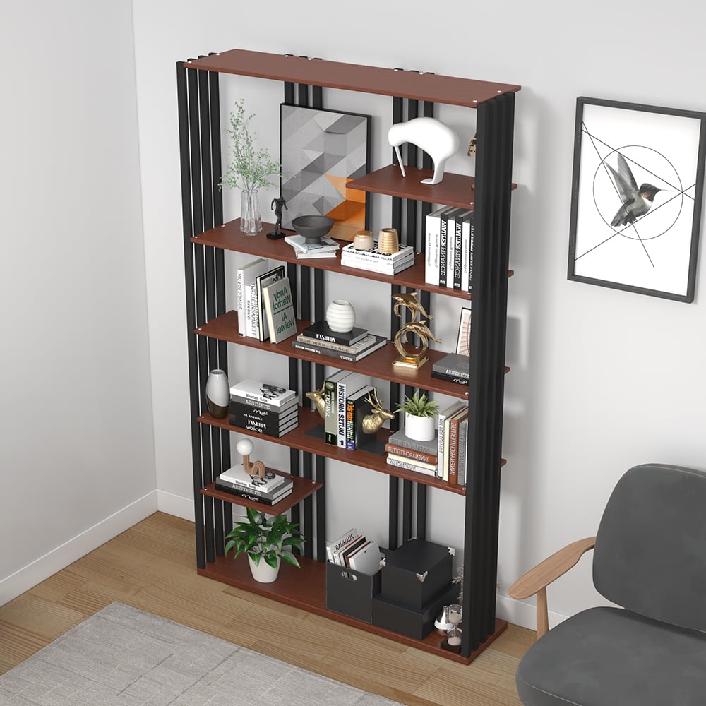 HMR Modern Etagere Bookshelf with 6-Shelf - Black/Walnut