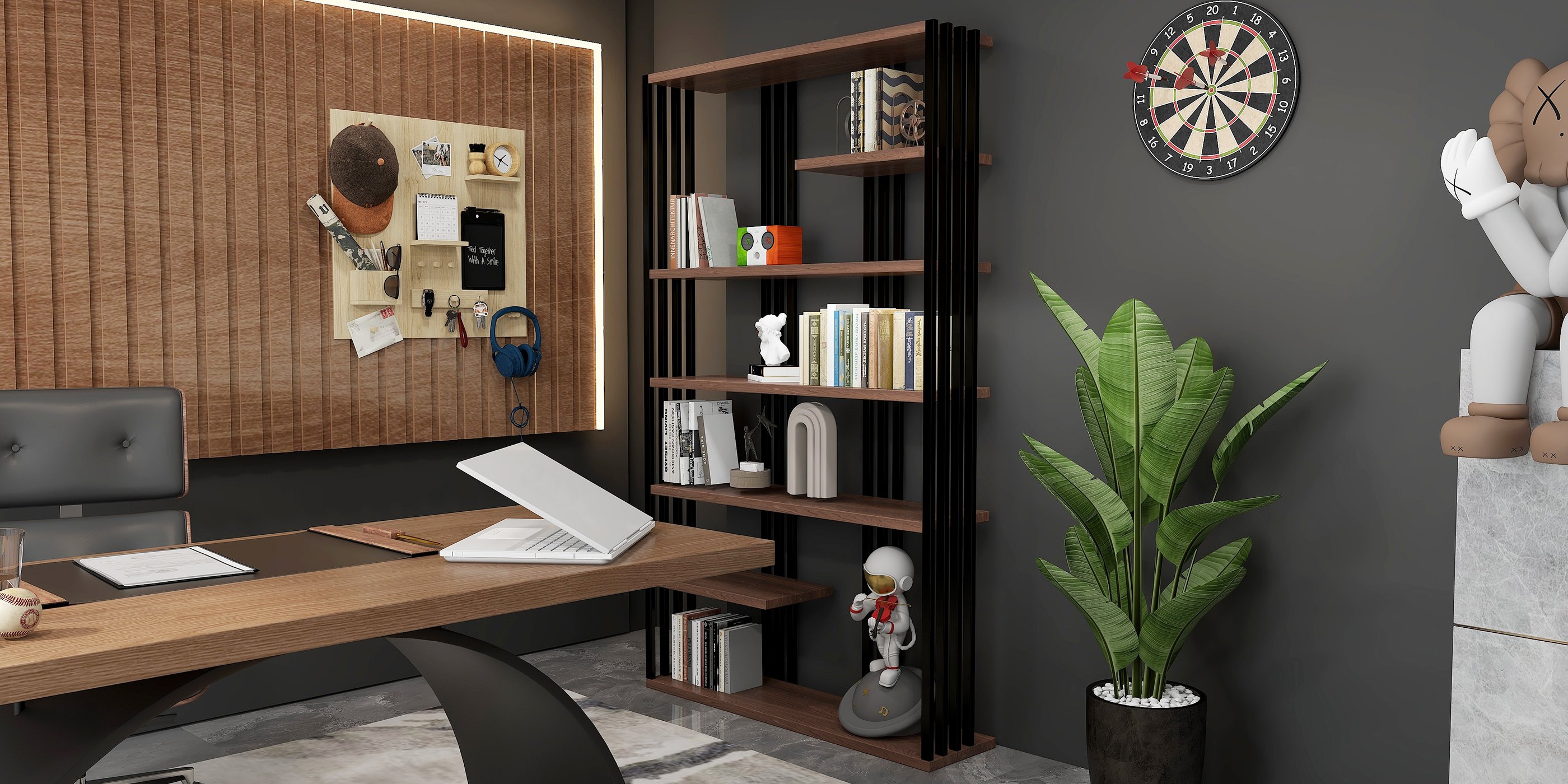 HMR Modern Etagere Bookshelf with 6-Shelf - Black/Walnut