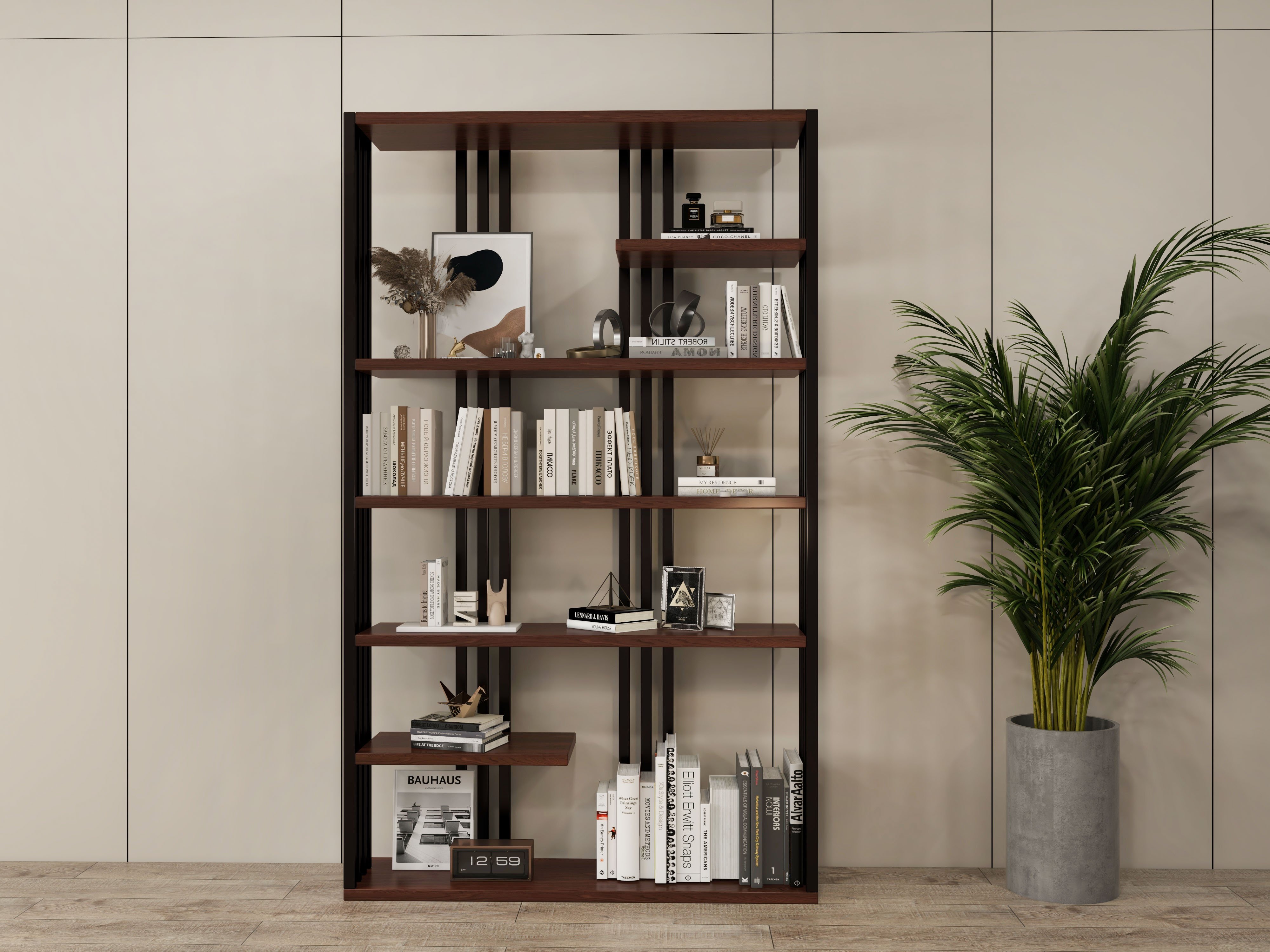 HMR Modern Etagere Bookshelf with 6-Shelf - Black/Walnut