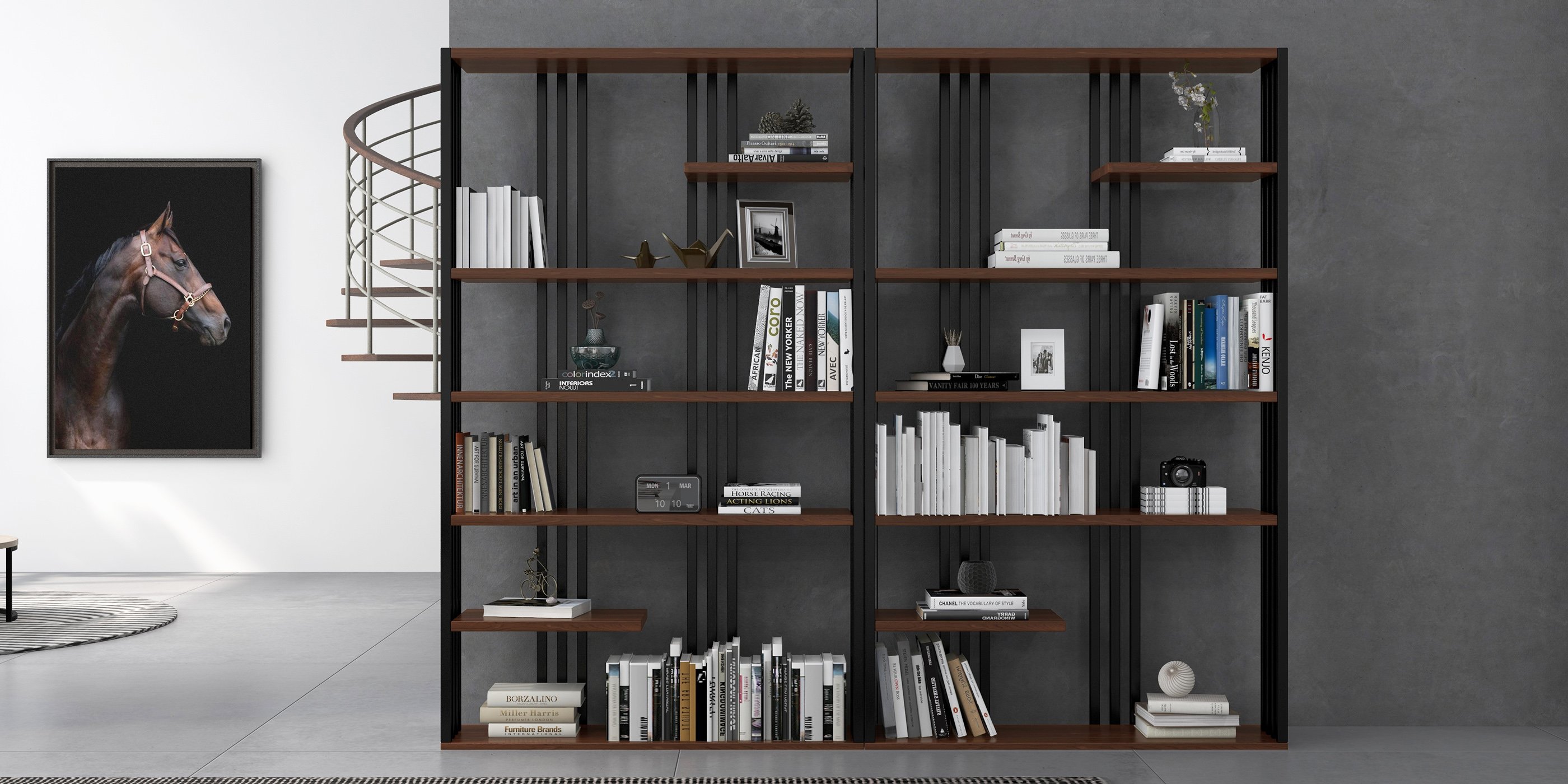 HMR Modern Etagere Bookshelf with 6-Shelf - Black/Walnut