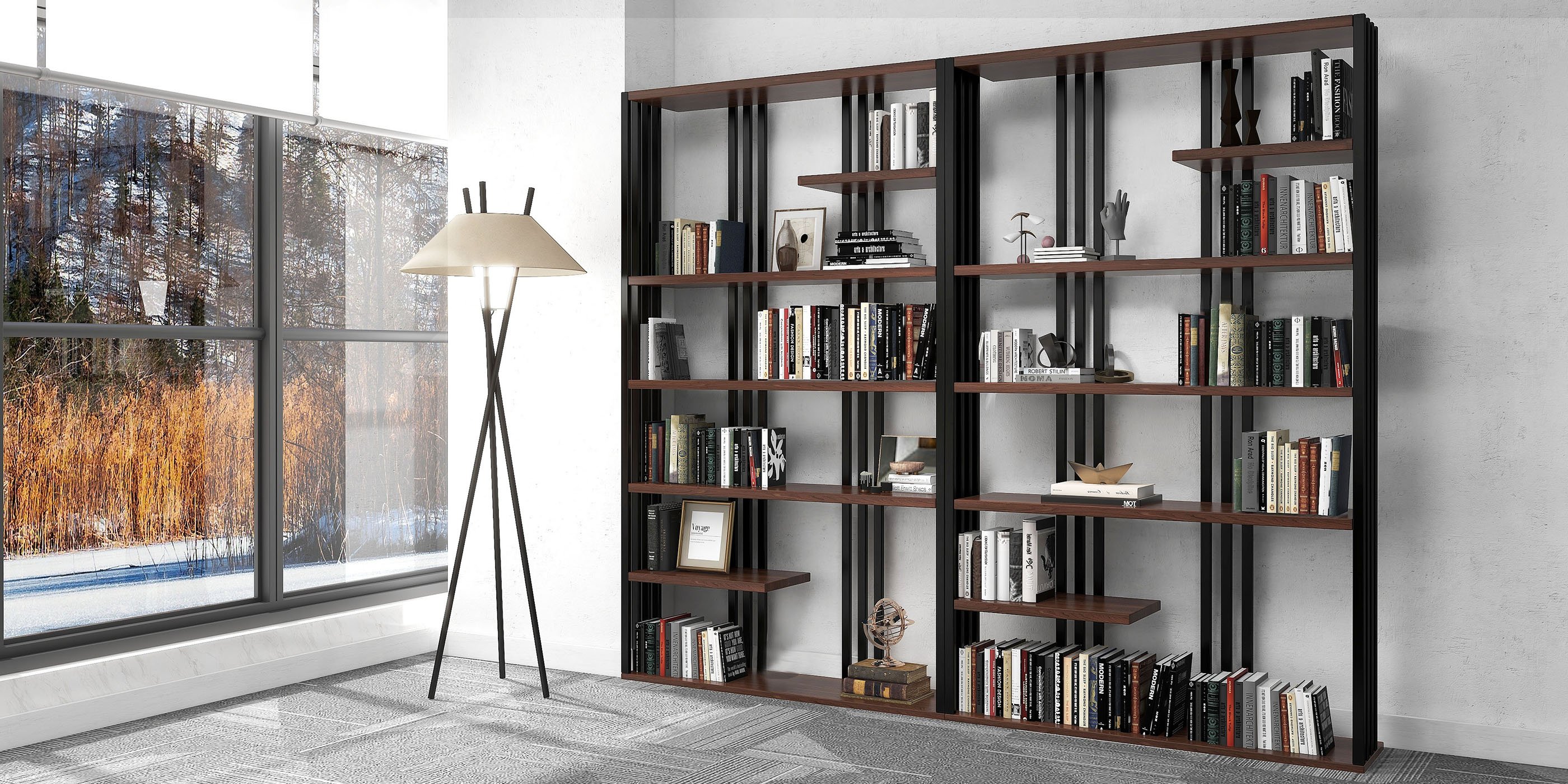 HMR Modern Etagere Bookshelf with 6-Shelf - Black/Walnut