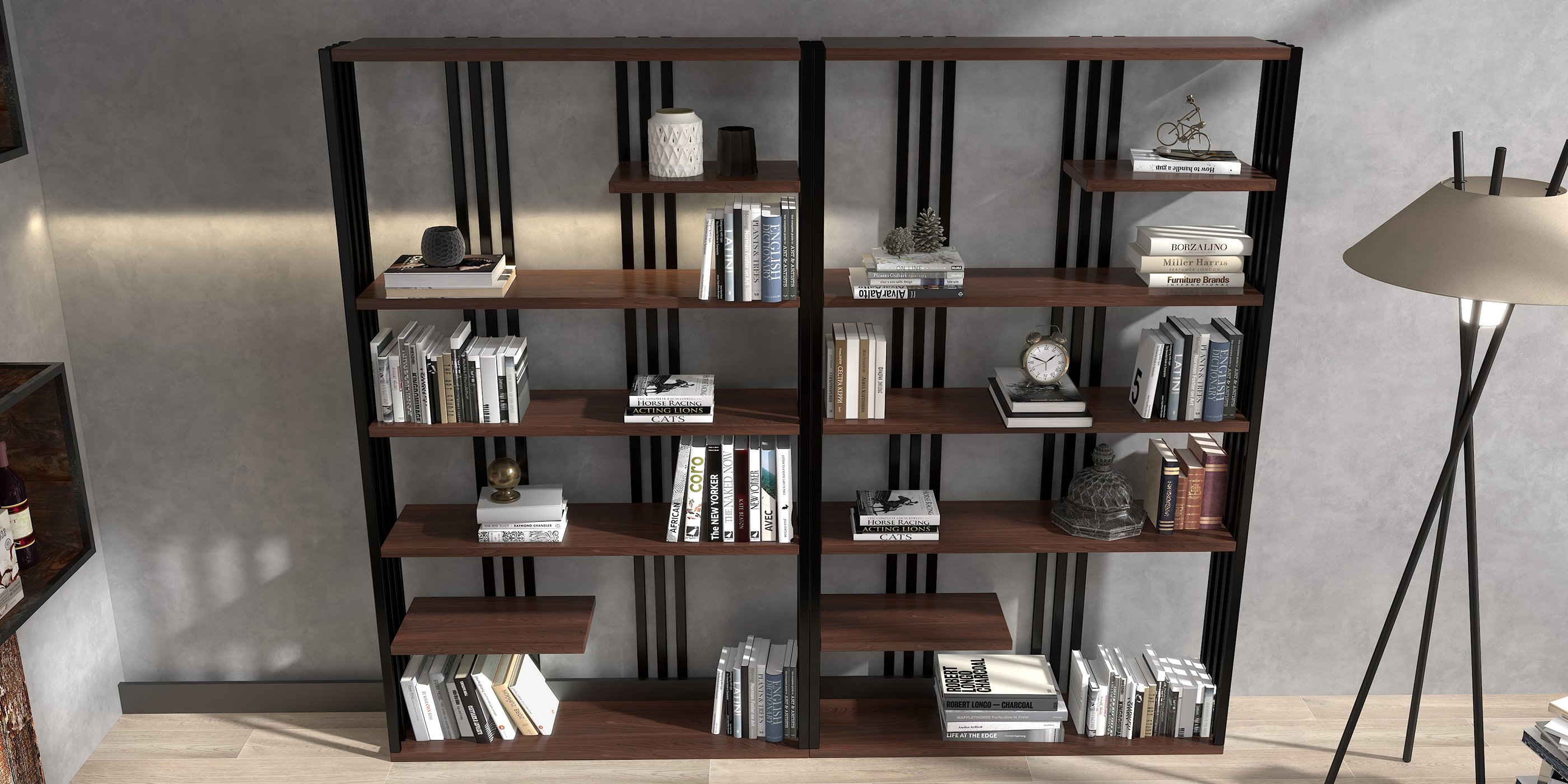 HMR Modern Etagere Bookshelf with 6-Shelf - Black/Walnut