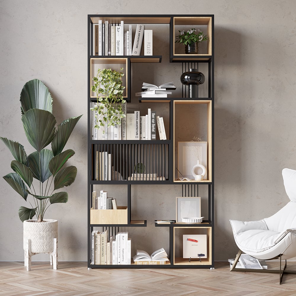 HMR - 78" Geometric Bookcase 6-Tier in Natural and Black